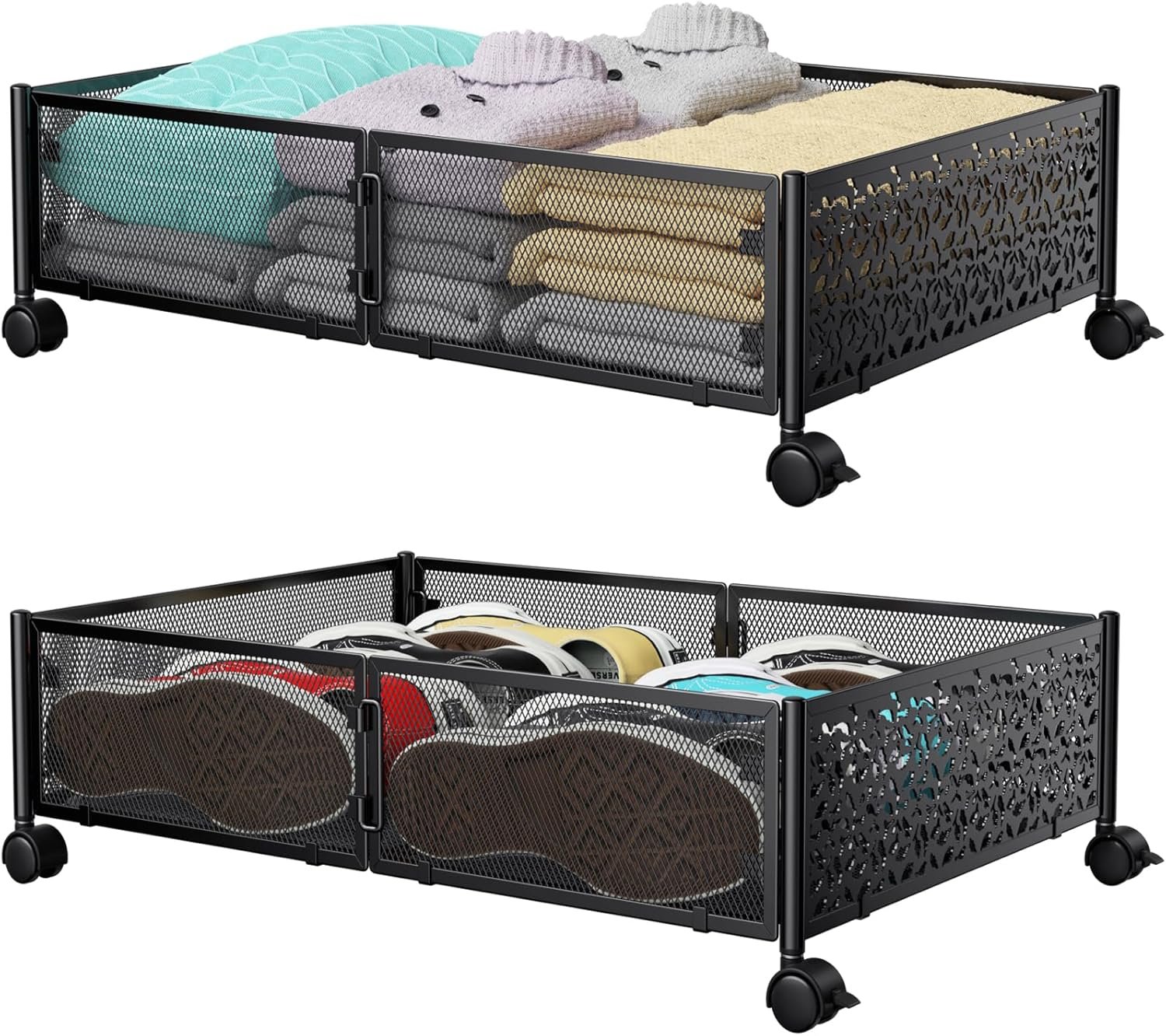 Under Bed Storage Containers with Wheels, Under Bed Shoe Storage Organizer Drawer, Tool-free Assembly Metal Storage Containers for Bedroom Clothes Shoes Blankets -2PCK