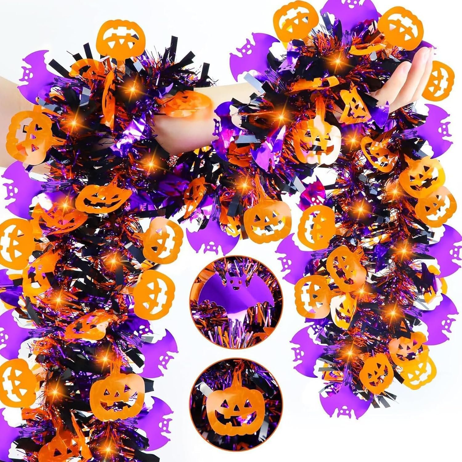 33ft Halloween Decorations,4in Wide Vehequny Tinsel Garland, 5-Layer with Orange Pumpkins & Bats,Halloween Garland Decorations Indoor