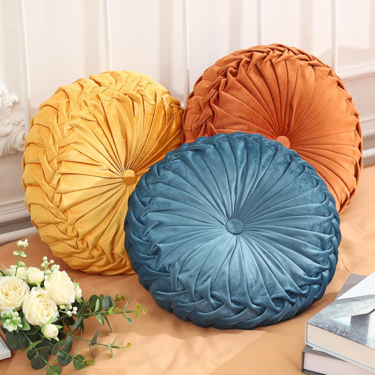 Drydiet 3 Pcs Round Throw Velvet Pillows Decorative Pleated Throw Pillows Diameter Accent Pumpkin Boho Chair Cushion for Couch Sofa Home Decoration (Yellow,Brunt Orange,Blue,15”)