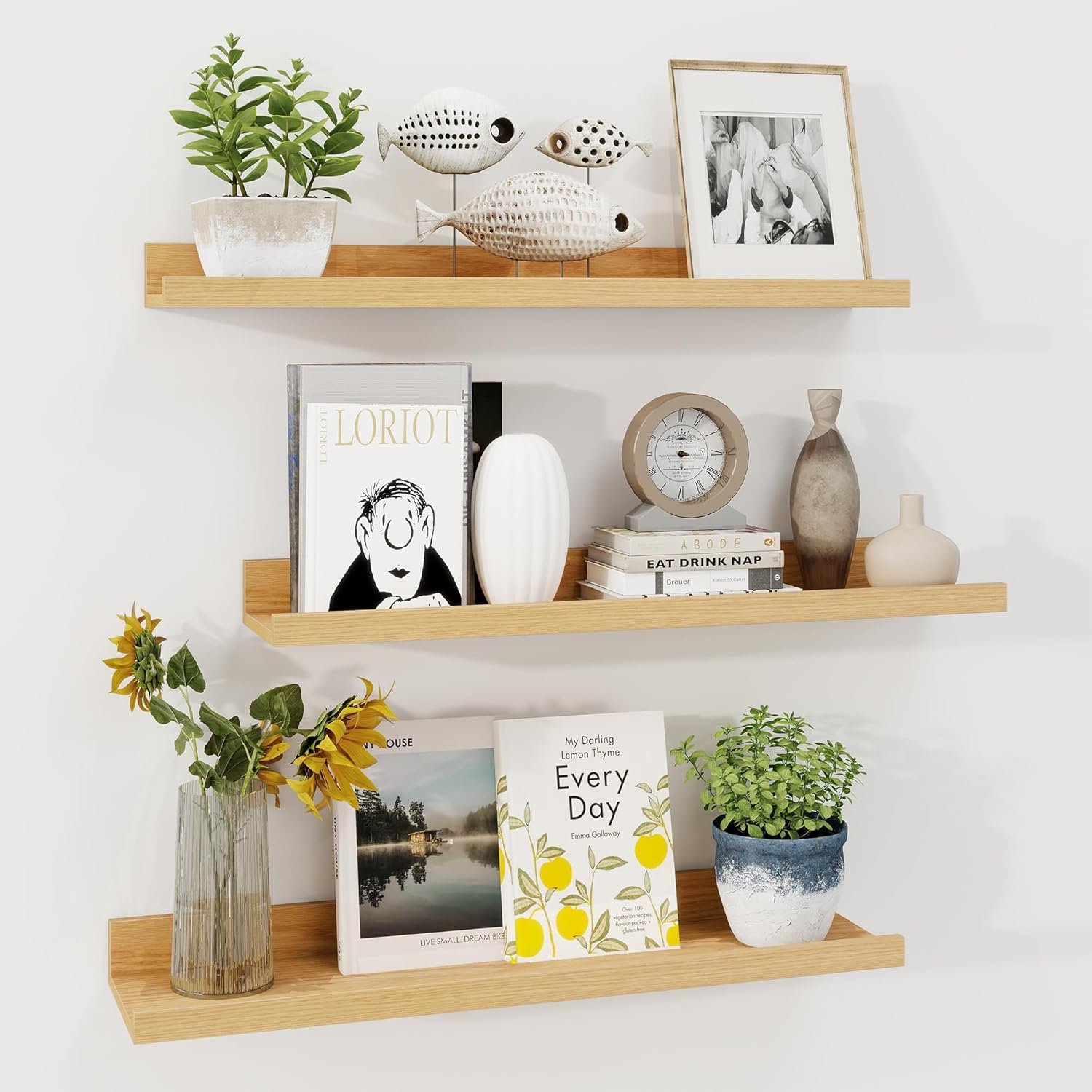 Axeman Picture Ledge Shelf | 24 Inch Oak Floating Shelves Set of 3 | Rustic Wood Wall Shelves with Lip | 24″ Oak Picture Shelf for Wall with Ledge | Photo Shelves