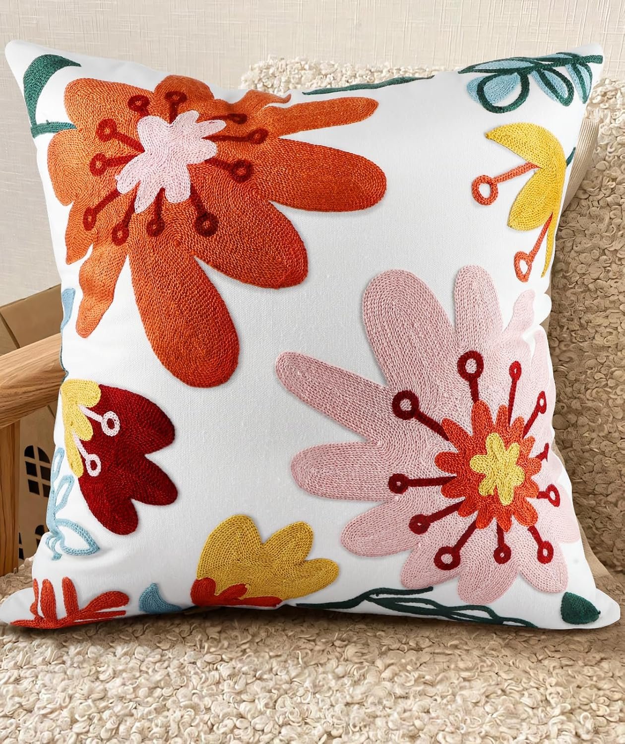 Embroidered Throw Pillow Cover – 18×18 Decorative Pillow Cover with Zipper Aesthetic Cute Design Boho Spring Summer Cozy Throw Pillowcase for Living Room Couch Sofa Bed, Artistic Flowers