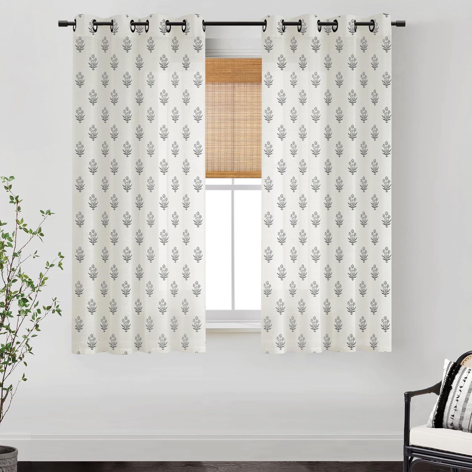 Moody Floral Linen Farmhouse Curtains, Black and Off White Dark Cottagecore Decor Semi Sheer Drapes for Bedroom Living Room 63 Inch Length