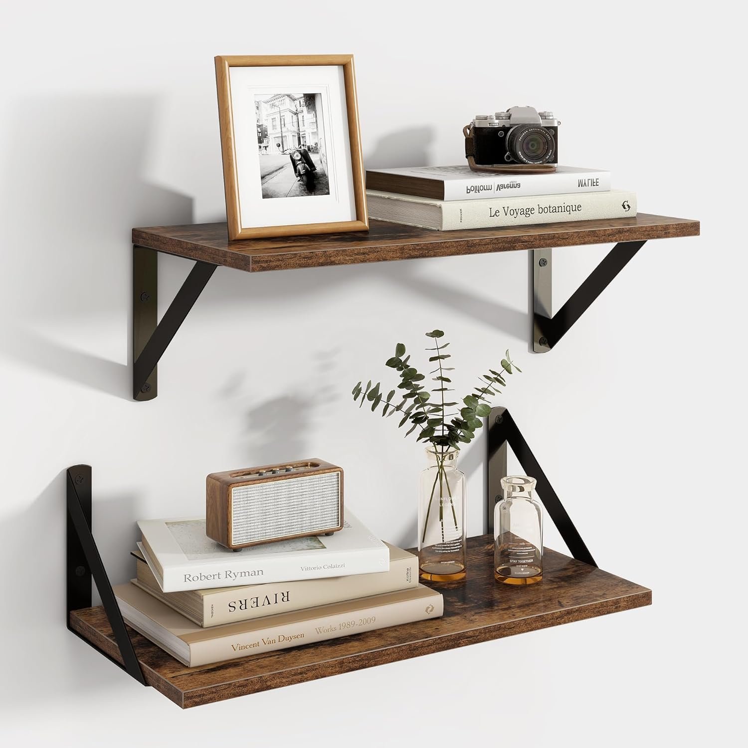 Axeman Floating Shelves for Wall, 8 Inch Deep Brown Wall Shelves Set of 2, 16”W x 8”D Rustic Brown Wood Shelves for Bookshelf Living Room Bedroom Home Office Bathroom