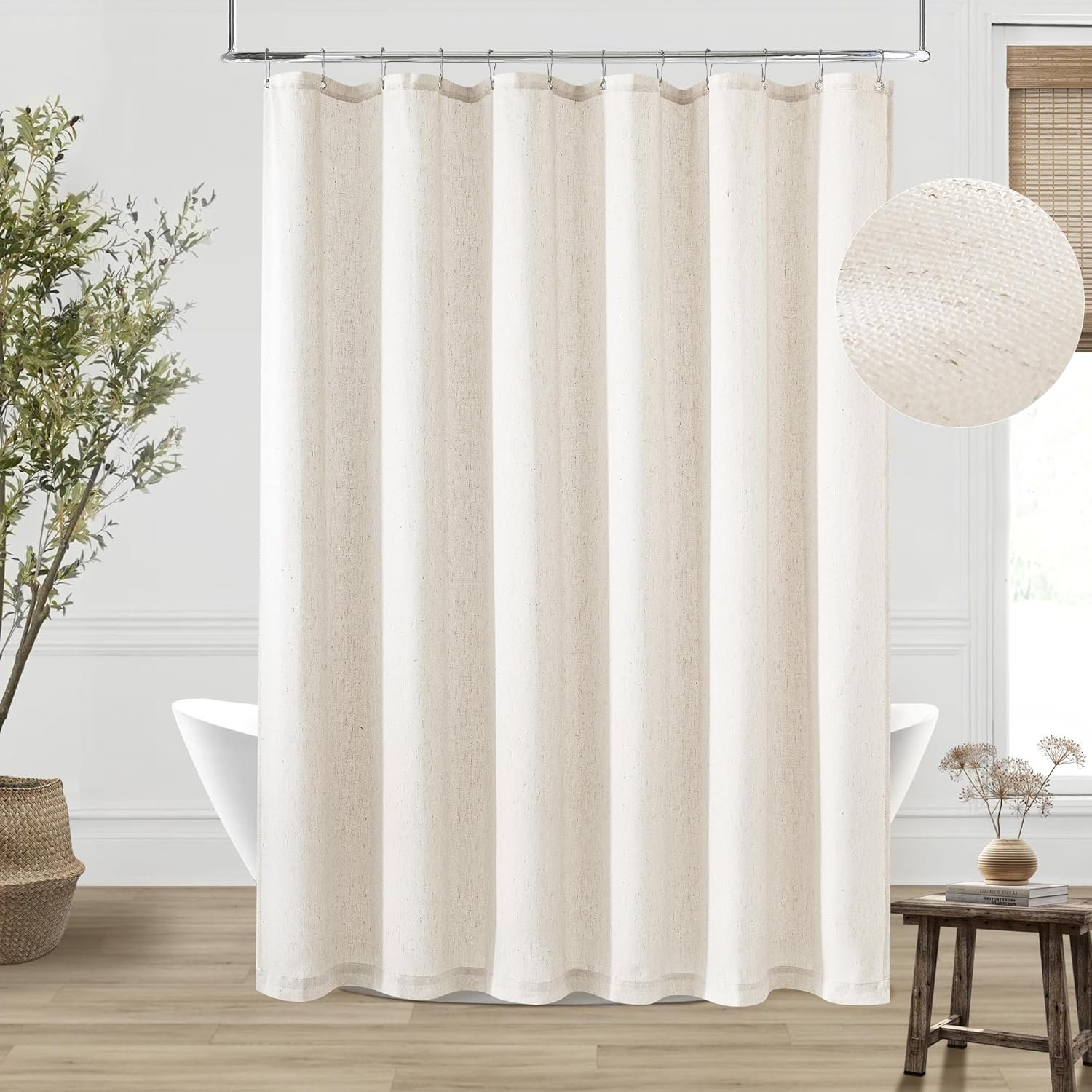 Extra Long Linen 84 Inch Shower Curtain Neutral Modern Bath Drapes Set 84 Inch Long with Hooks XLong Tall Farmhouse Boho Shower Curtains for Bathroom, Cream Ivory Birch, 72×84 Drapes