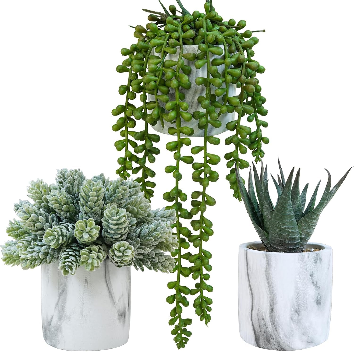 Winlyn Set of 3 Small Artificial Succulent Potted Plants Fake Aloe Hops String of Pearls in Modern Marble Ceramic Planter for Home Garden Bathroom Shelf Office Desk Tabletop Indoor Outdoor Décor