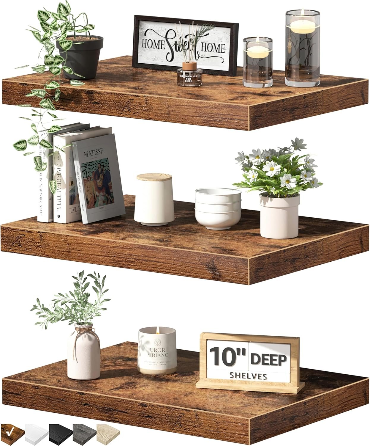 QEEIG 10″ Deep Floating Shelves for Wall – 10 x 16 inch Book Shelf Bathroom Bedroom Kitchen Living Room Hanging Bookshelf Farmhouse Set of 3, Rustic Brown (025-40BN3)