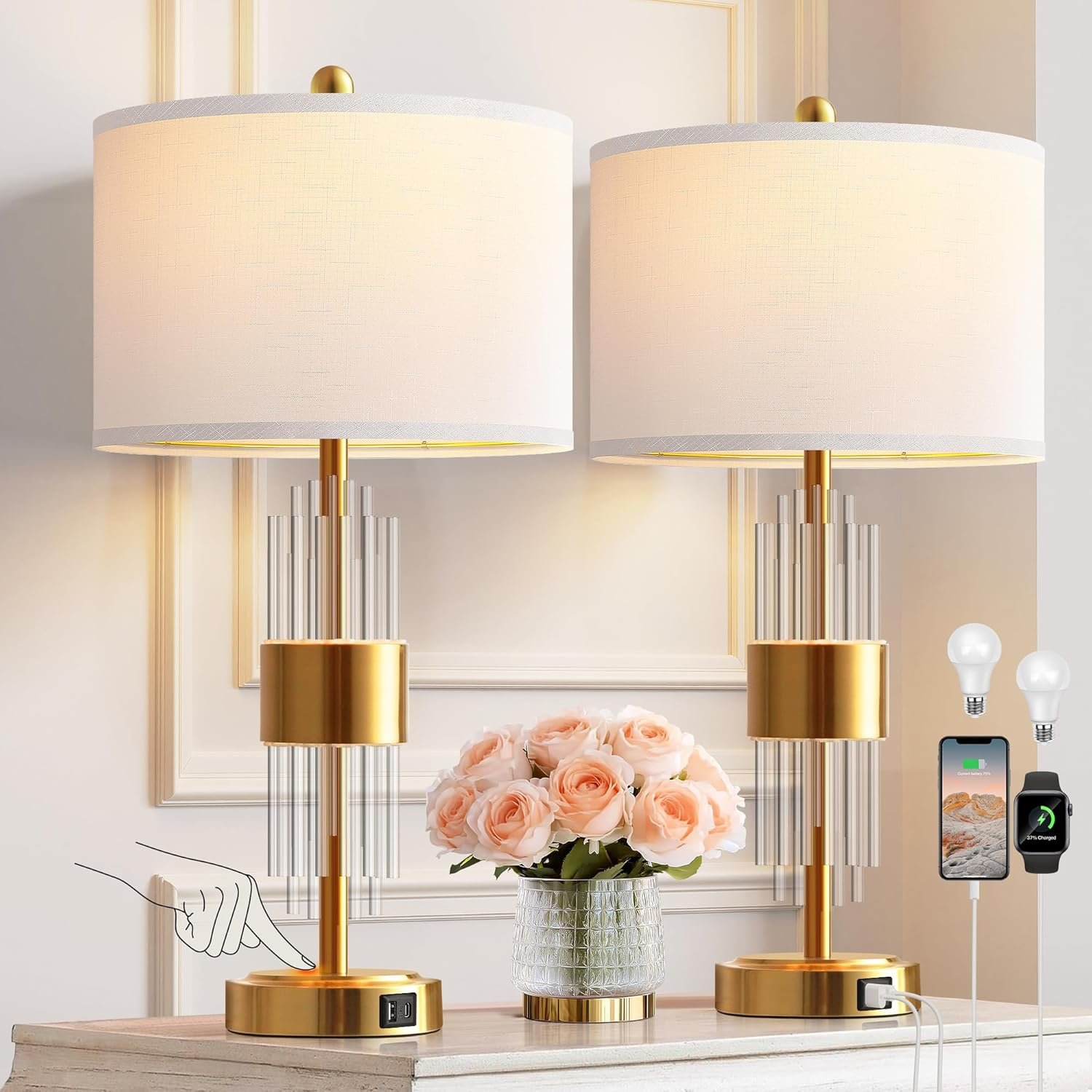 QiMH 25.5″ Table Lamp Set of 2 with USB A+C Ports, Gold Lamp for Living Room with Touch Control, Modern Bedside Nightstand Lamp White Lamp Shade Bedroom Home Office Decor (2700K LED Bulbs Included)