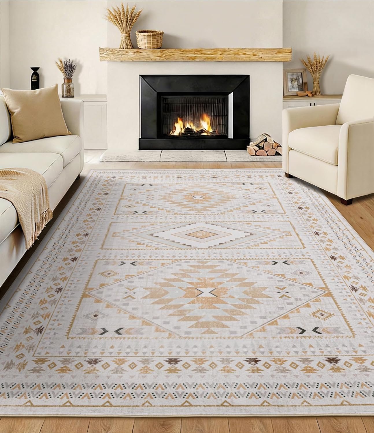 Boho Farmhouse Area Rug 5×7, Washable Tribal Rug for Bedroom, Non-Slip Medallion Rugs for Living Room Dining Room, Entryway (Beige/Yellow, 5’x7′)