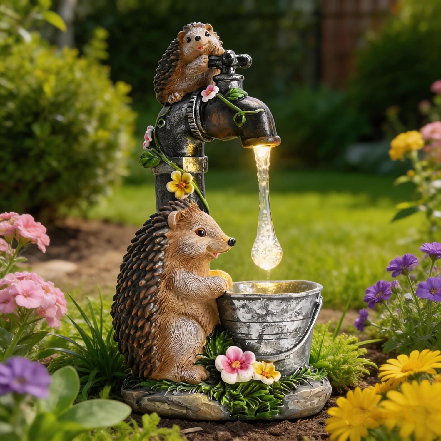 TERESA’S COLLECTIONS Garden Decor, Cute Hedgehogs and Faucet Garden Decor with Solar Light, Waterproof Resin Garden Statue, Outdoor Hedgehogs Figurines, Garden Gift for Women Mom, Indoor/Outdoor