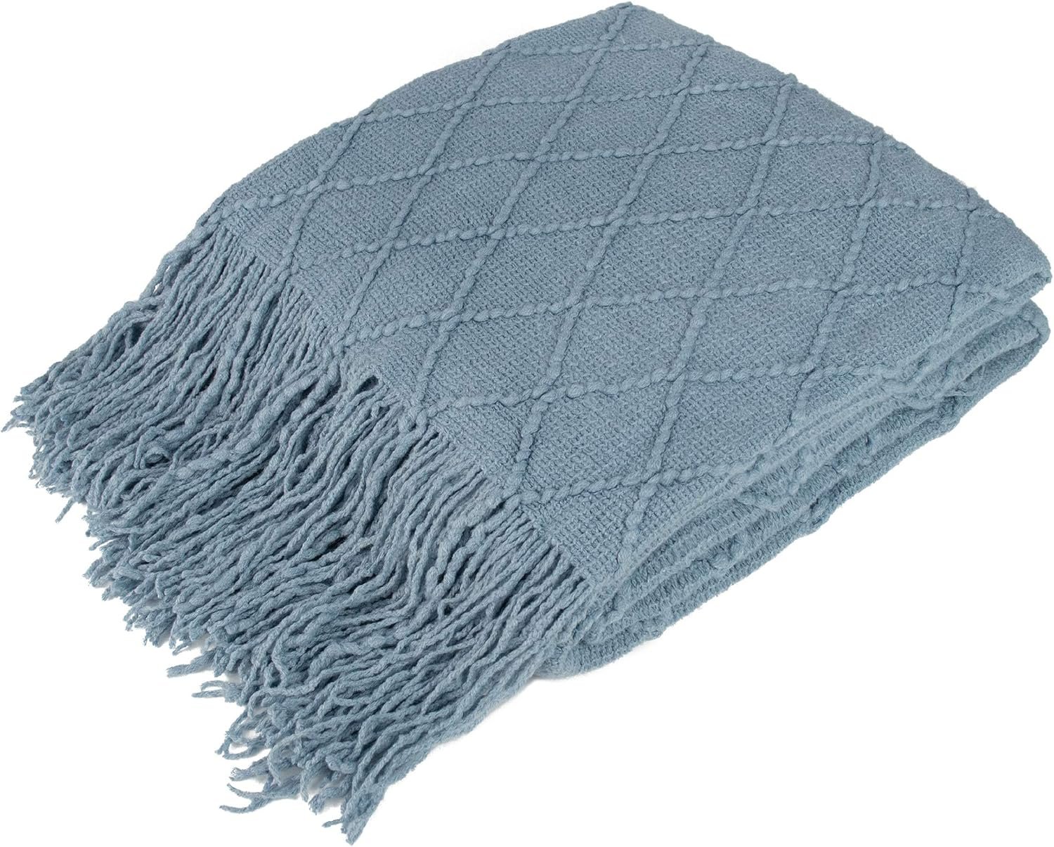 PAVILIA Dusty Blue Knit Throw Blanket for Couch Bed, Soft Knitted Farmhouse Sofa Throw for Living Room, Lightweight Decorative Summer Throw Blanket for Chair, Outdoor Textured Boho Blanket, 50×60
