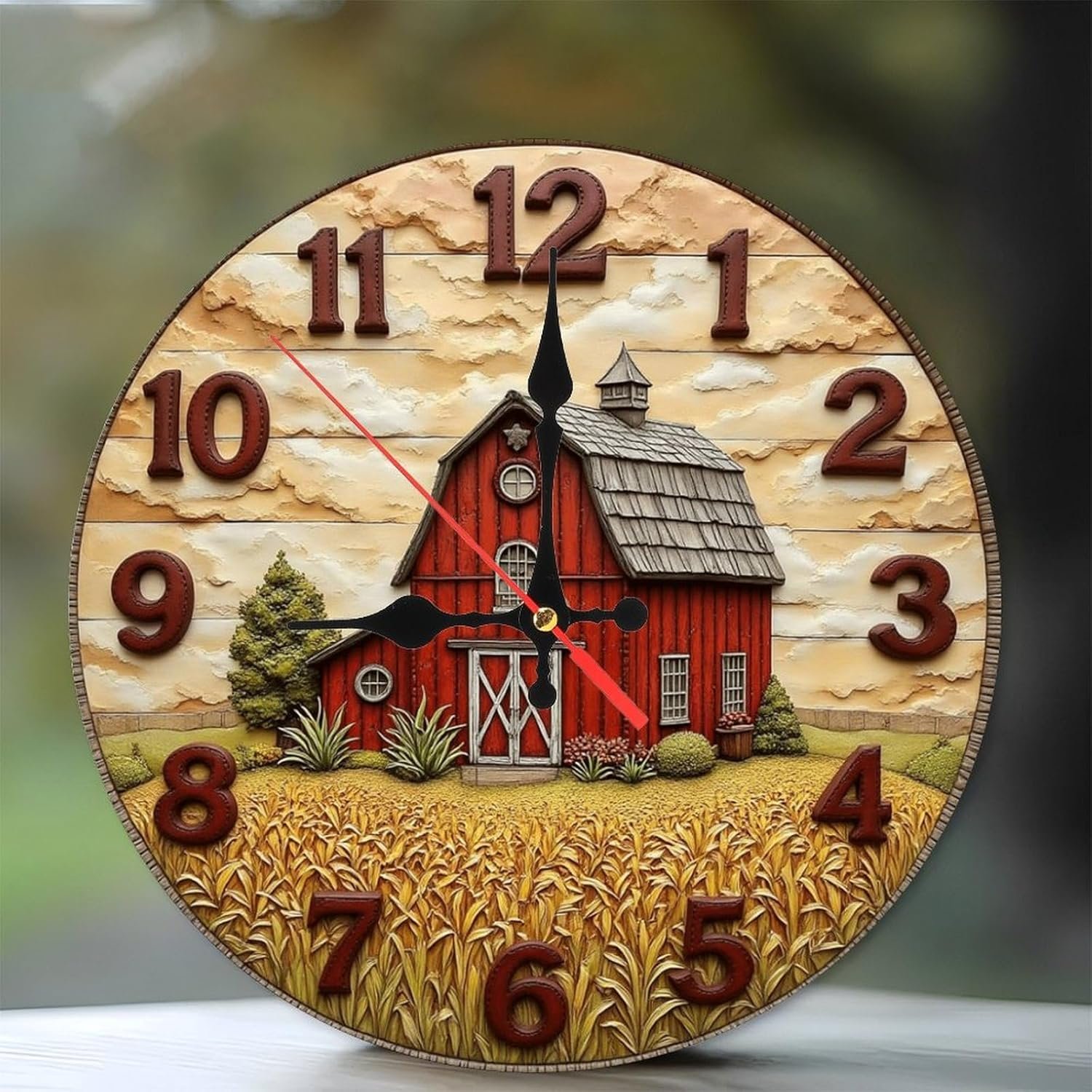 Rustic Red Barn Farmhouse Wall Clock 2D Relief Decor 10-Inch Wooden Wall Clock, Silent Movement, Artistic Home Decor, Perfect for Home Accents