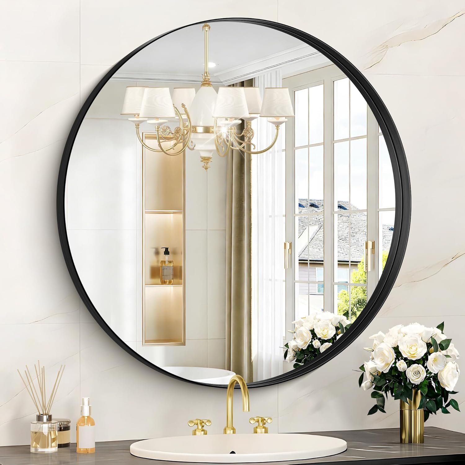 Black Round Mirror 28 inch Deep Frame Circle Mirror, Metal Framed Bathroom Mirror, Round Vanity Mirror, Circle Mirrors for Wall Entryway Bedroom Living Room Hallway