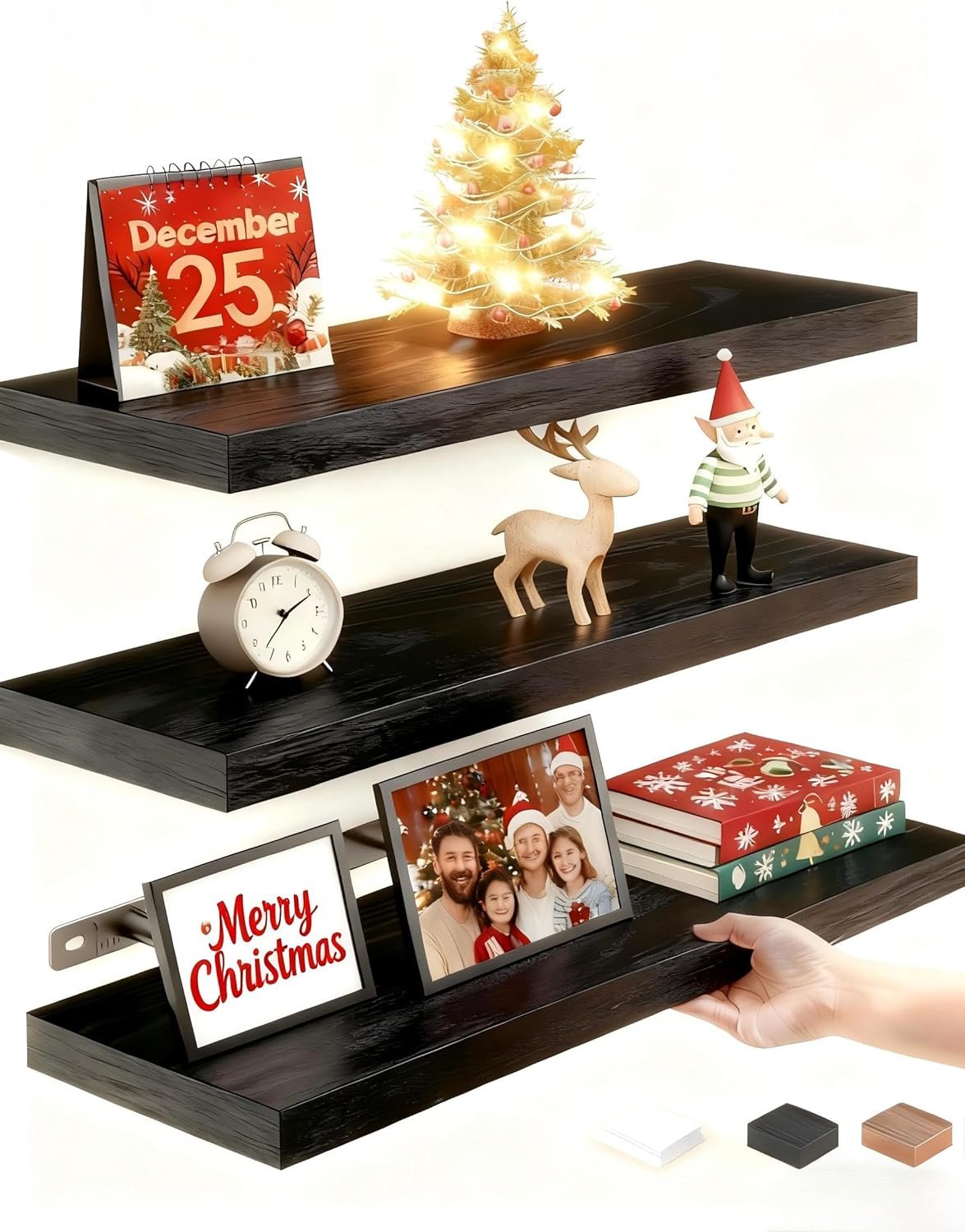 Vervida® Floating Shelves for Wall, 15″ Rustic Wood Deep Wall Mounted Shelves with Invisible Brackets for Decor & Storage, Floating Shelf for Living Room, Bathroom (Black, Set of 3)