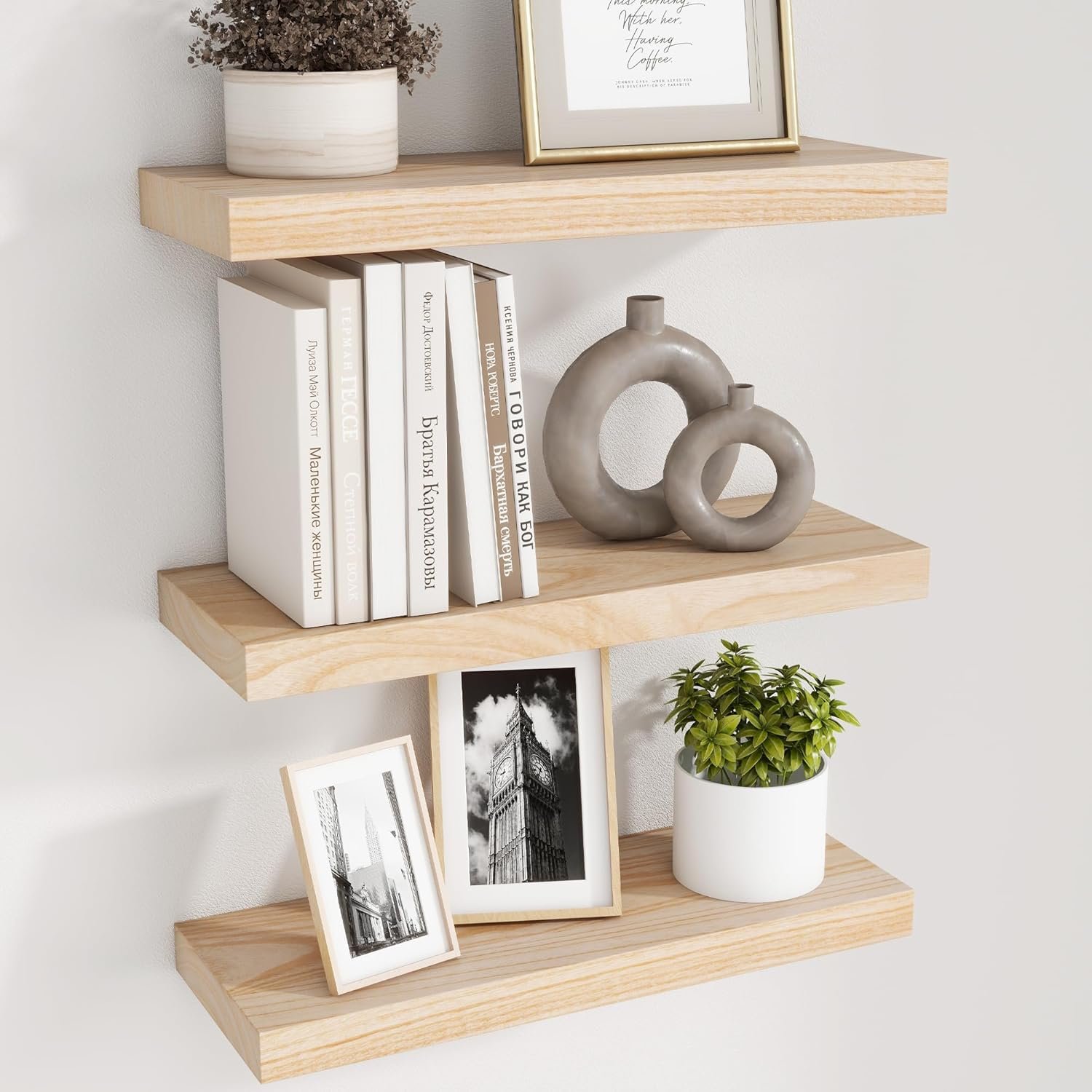 fuqing Natural Wood Floating Shelves – Wood Floating Shelves for Wall Set of 3-17 Inch Wide x 6.7 Inch Deep Natural Wooden Shelves for Living Room Bedroom Home Office