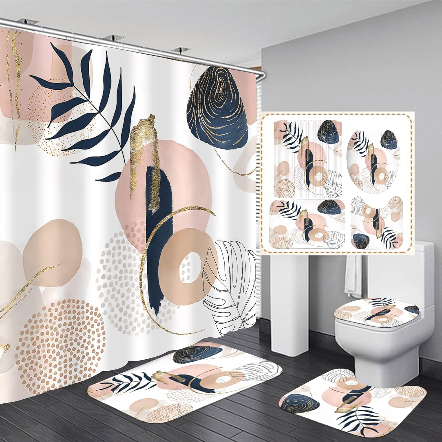 LQCOOL 4PCS Boho Cute Shower Curtains Set Modern Abstract Bathroom Set with Rugs, Minimalist Bathroom Decor Accessories Waterproof for Bathroom with Mat