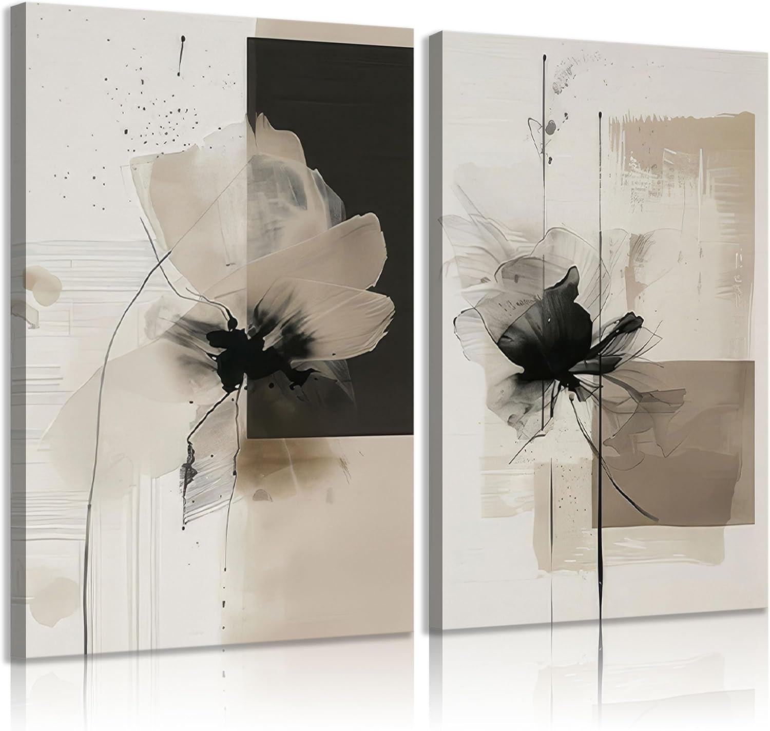 2Pcs Framed Neutral Abstract Canvas Wall Art Floral Pictures Modern Minimalist Posters Prints Beige Brown Black Flower Wall Decoration for Living Room Bedroom Bathroom Office 12x16in