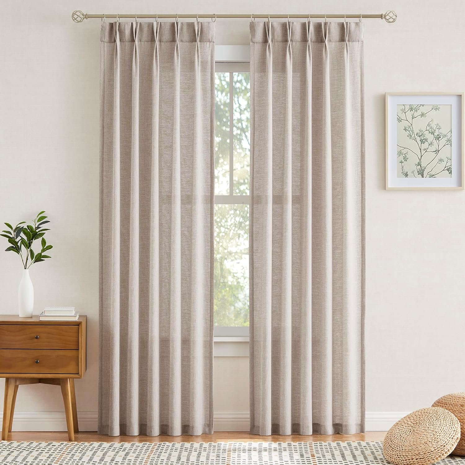 Enactex Linen Textured 25 x 95 Inch Pinch Pleat Light Filtering Curtains Semi Sheer Drapes for Living Room Back Tab Farmhouse Privacy Protect Window Treatments for Bedroom Patio Door 2 Panels, Tan