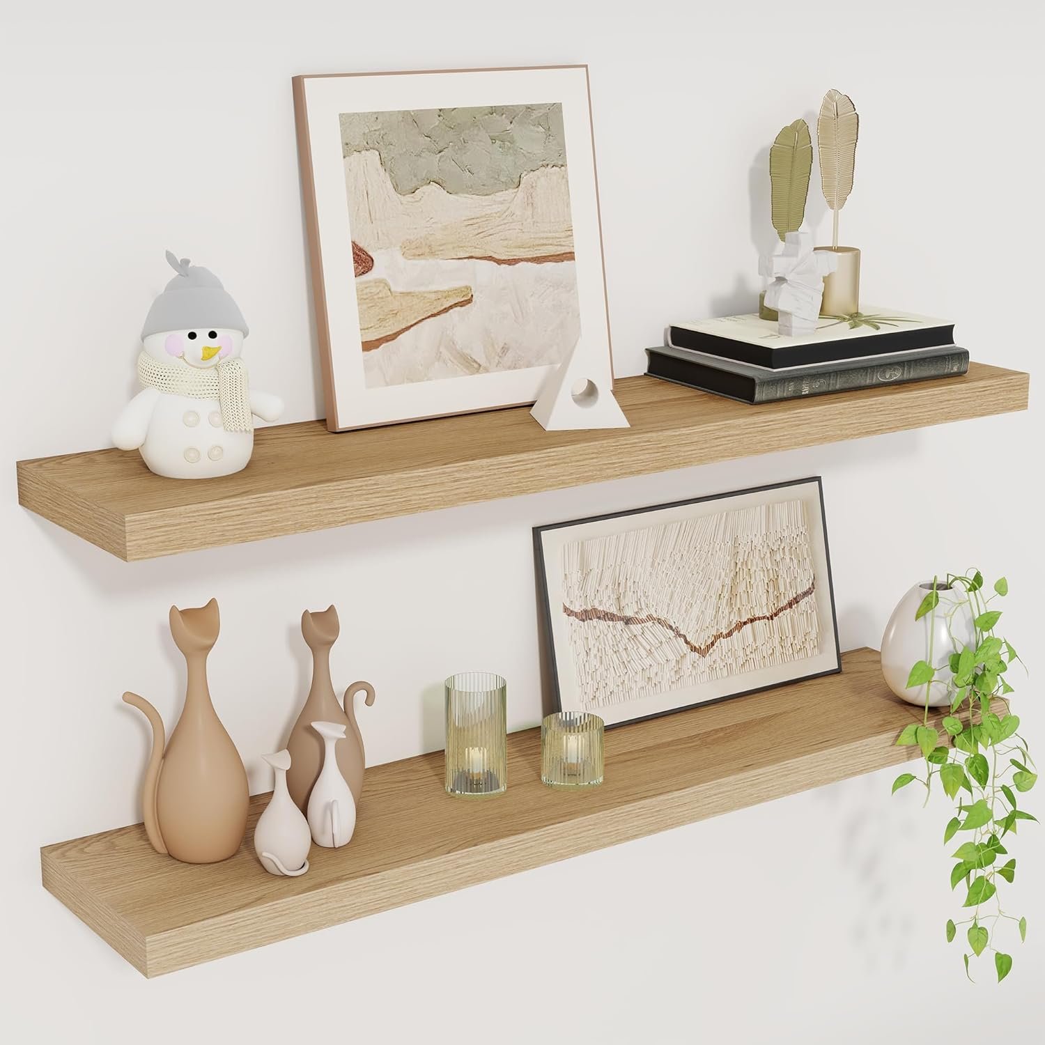 Fun Memories Floating Shelves for Wall, 30″ Rustic Wood Deep Wall Mounted Shelves with Invisible Brackets for Decor & Storage, Floating Shelf for Living Room, Bathroom (Oak, Set of 2)