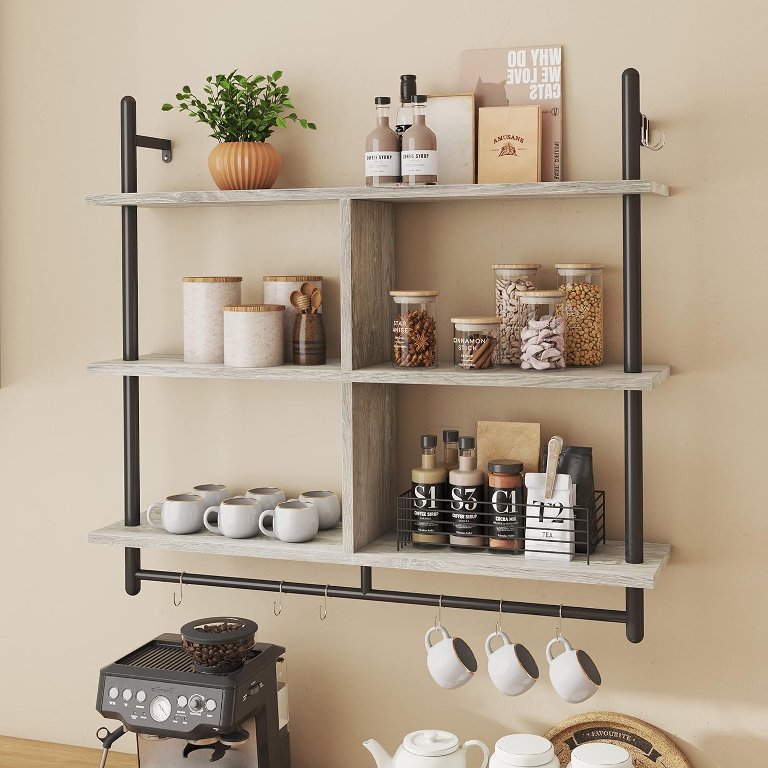 Bestier 41″ Floating Kitchen Shelves Wall Mounted 3 Tier Coffee Bar Mug Shelf Hanging with 8 Hooks Display Plant Pipe Shelving for Living Room Kitchen Bathroom Balcony, Retro Grey