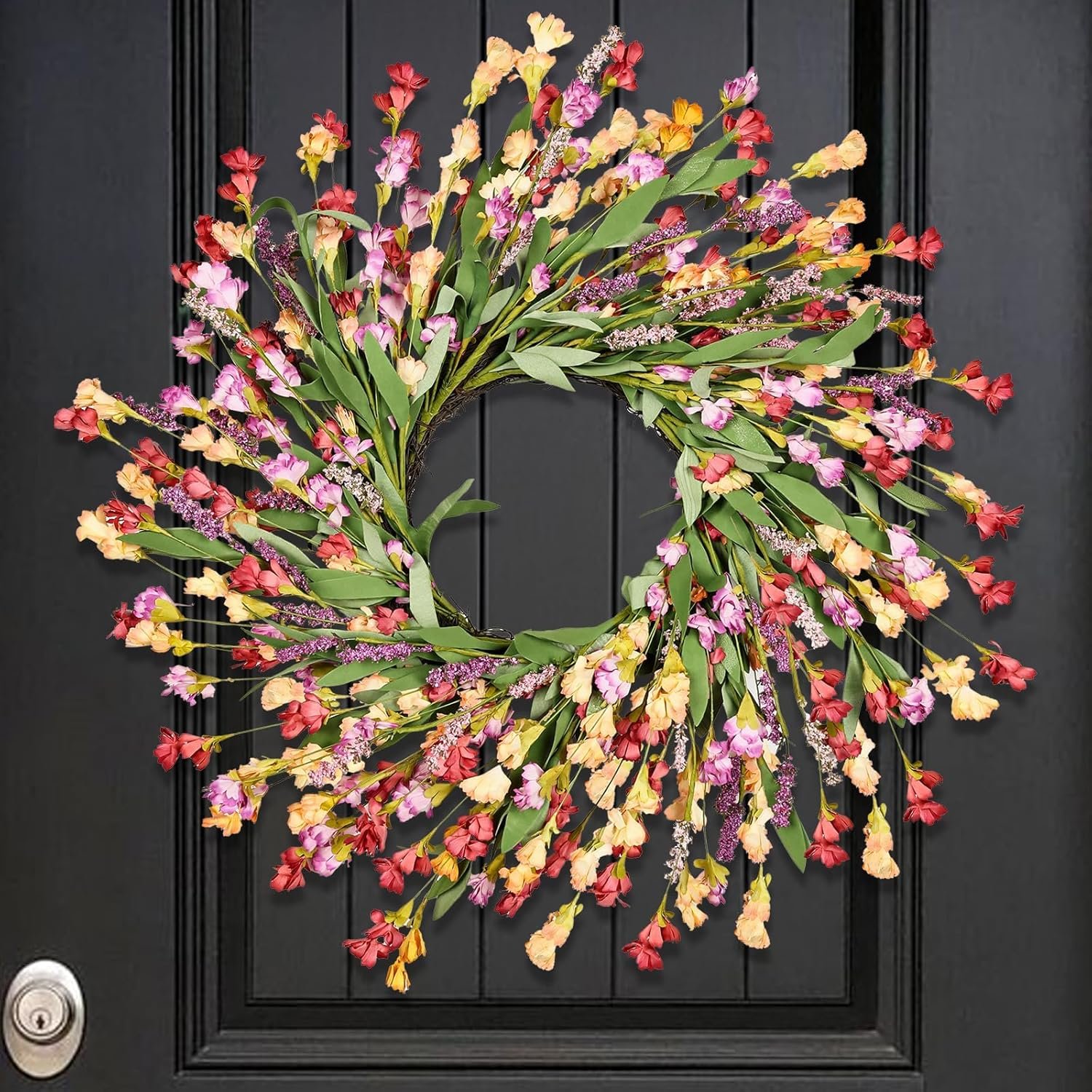 24″ Spring Wreaths for Front Door Not Withering Artificial Floral Wreath with Wildflowers Summer Decorations for Indoor Outdoor Window Wall Farmhouse Porch Easter Home Decor Red Orange Purple
