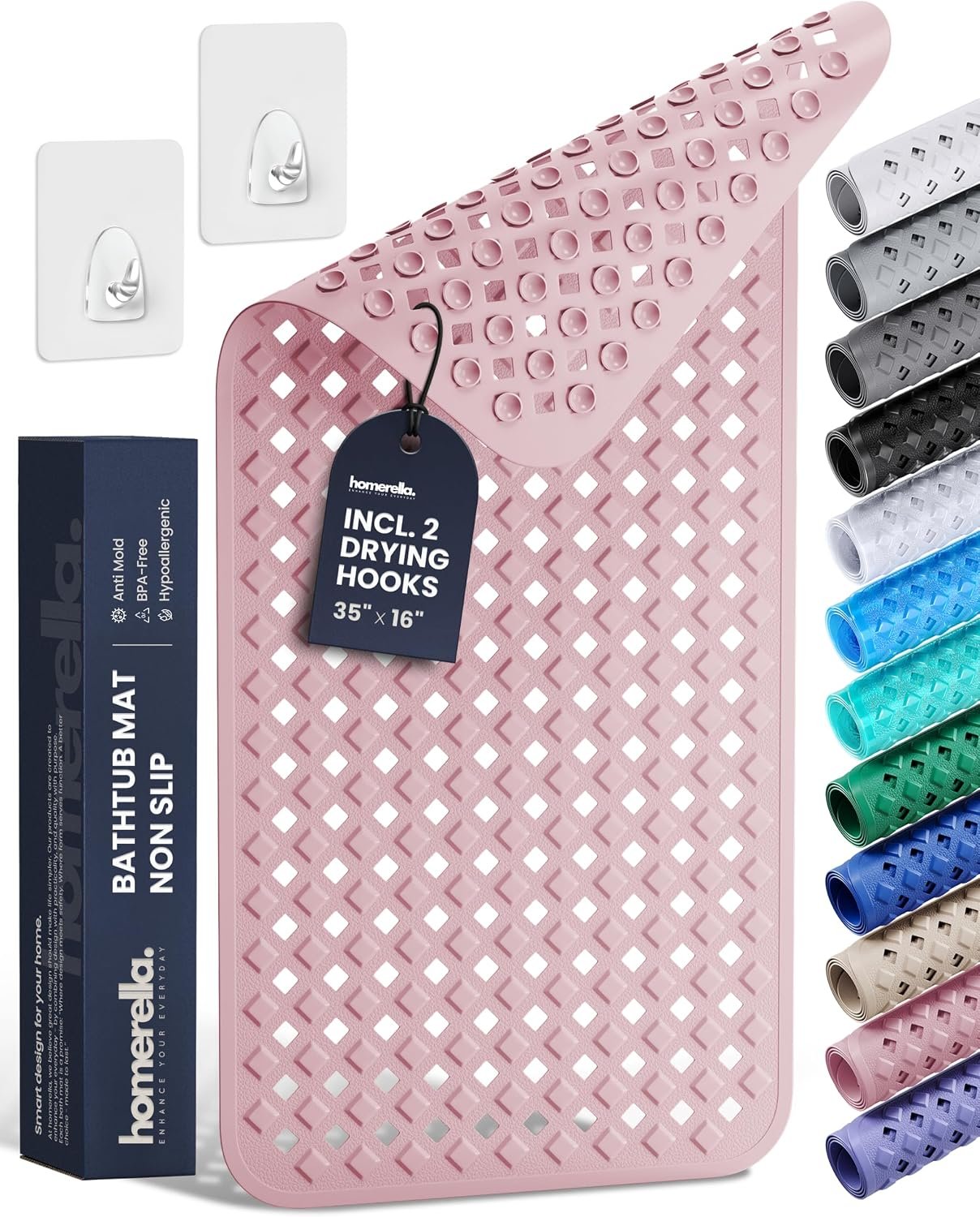 Bathtub Mat Non Slip 35×16 – homerella® Bath Mat Incl. Hooks for Drying, Extra Long, 100% BPA Free, Shower Mat Non Slip Anti Mold, Machine Washable, Shower Mats for Inside Shower Mildew Resistant
