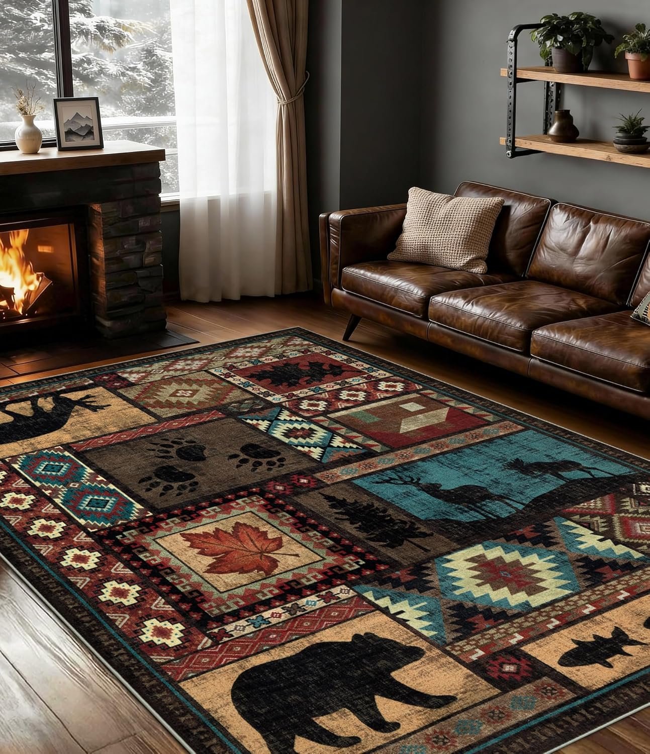 YIHOUSE Rustic Cabin Area Rug 5×7,Machine Washable Lodge Bear Rug,Non-Slip Low Pile Print Pattern Southwestern Rug for Living Room Bedroom