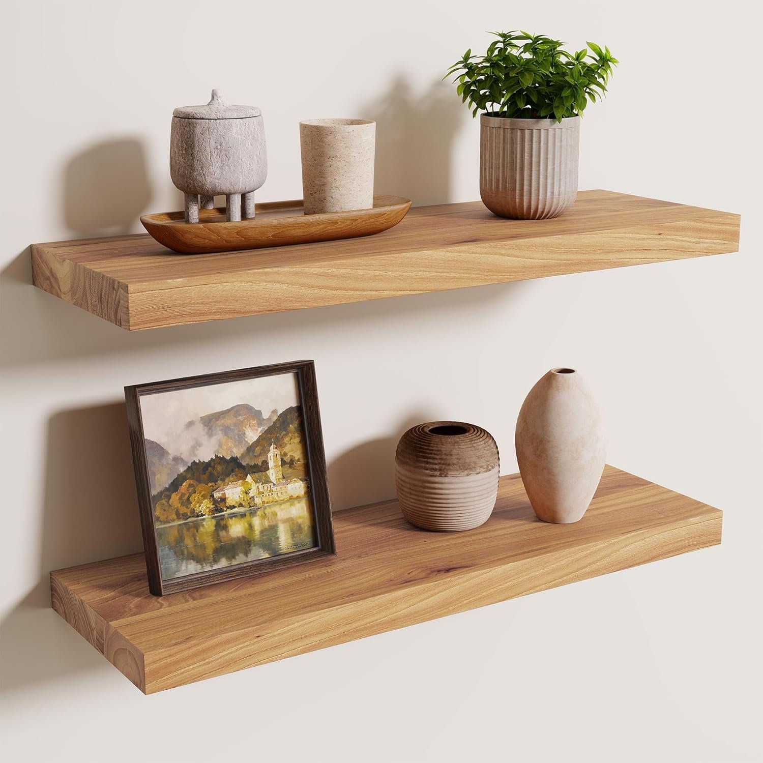 Axeman Floating Shelves for Wall, 24”W x 8” D Rustic Solid Elm Wood Shelves for Storage, Wall Mounted Display Shelving with Invisible Heavy-Duty Metal Bracket (Natural, 2PCs)