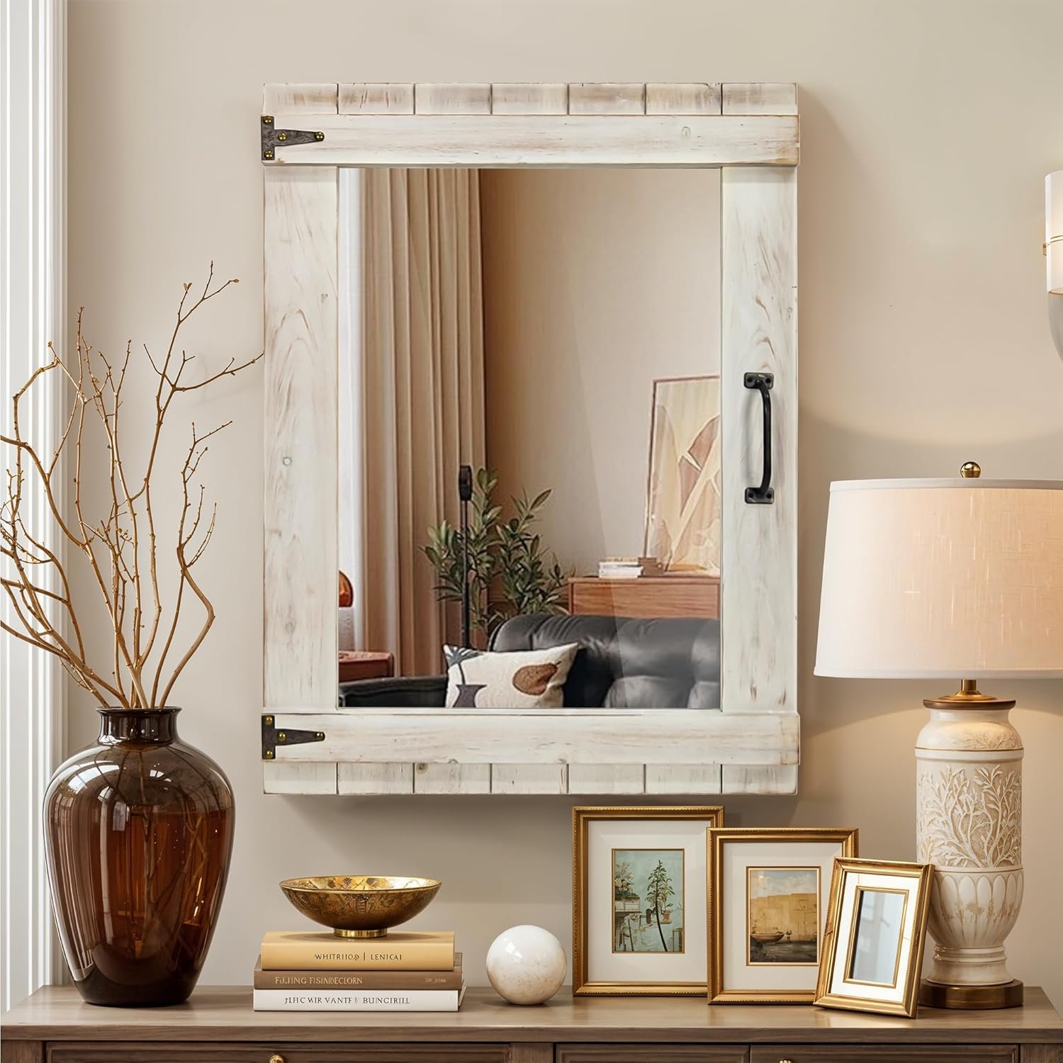 Oakrain Farmhouse Mirror, 24×32 Inch Distressed White Wood Frame with Black Metal Hinges, Rustic Wall Mirror for Bathroom, Living Room, Entryway, Bedroom
