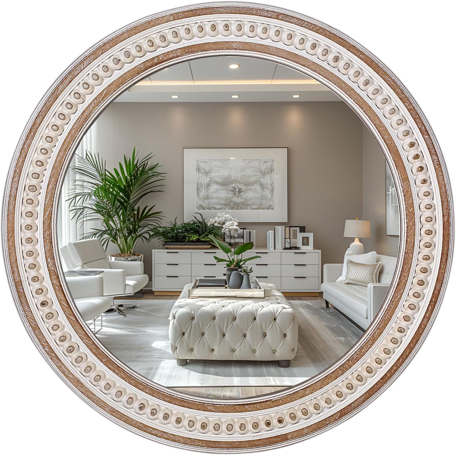 24 Inch Rustic Farmhouse Round Wall Mirror, Wooden Circle Bathroom Mirror for Over Sink, Decorative for Entryway, Bedroom, Living Room