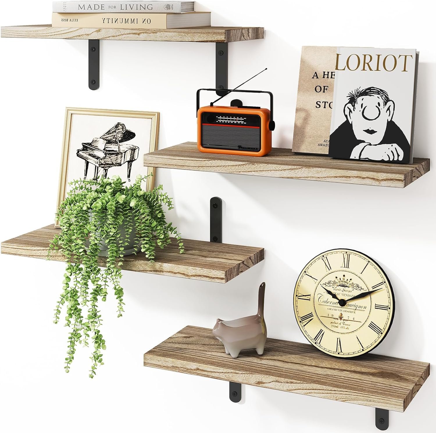 Fixwal Wall Floating Shelves for Room Decor, 4 Sets Floating Shelves for Wall Storage, Wood Wall Mounted Shelf for Bedroom Decor, Bathroom Storage, Book Shelf for Wall-Rustic Brown