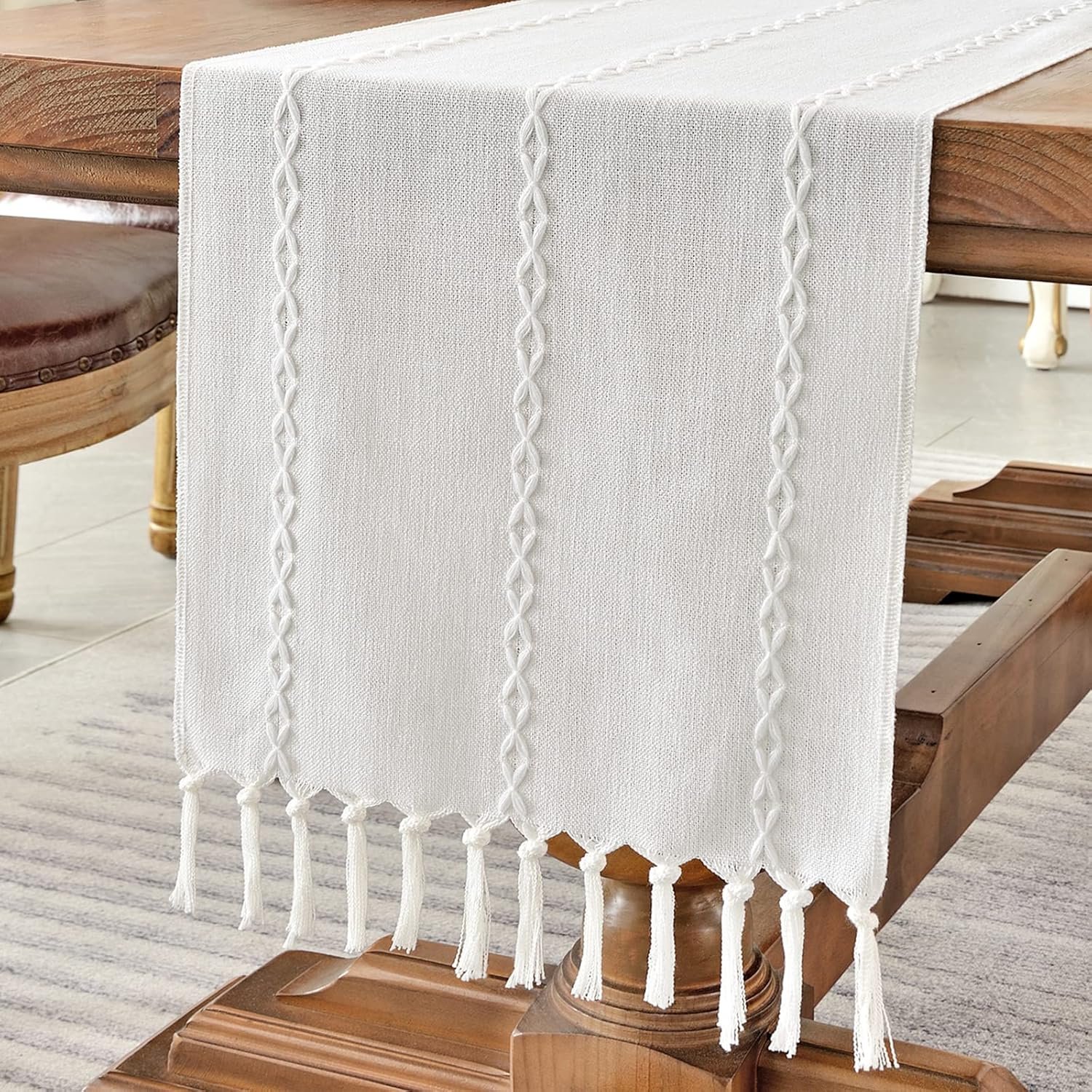Wracra Rustic Linen Table Runner Farmhouse Style Table Runners 72 inches Long Embroidered Table Runner with Hand-Tassels for Party, Dresser Decor and Dining Room Decorations (White, 13″×72″)