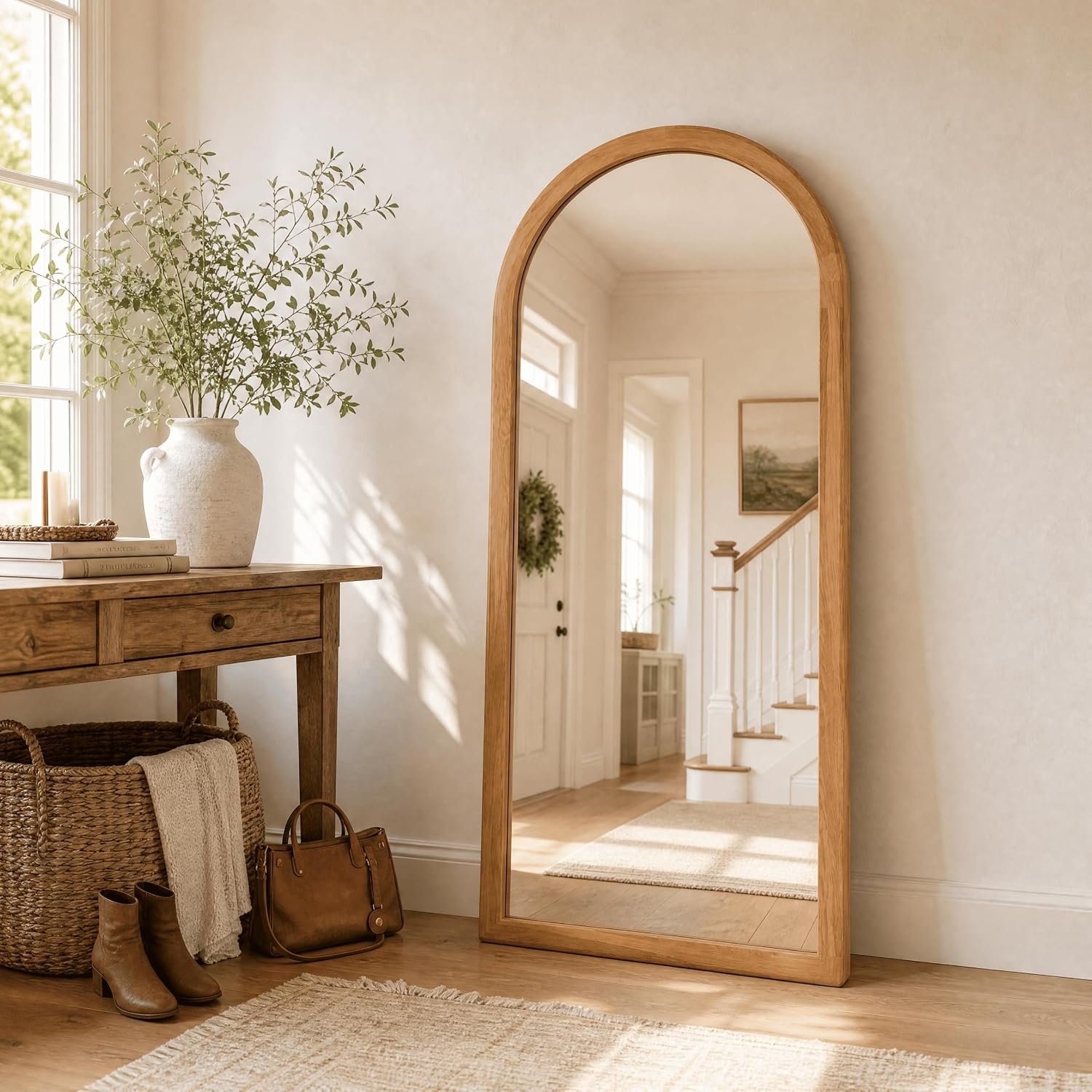 75.8″ x 33.8″ Arched Full Length Mirror, Rustic Wood Frame Floor Mirror, Oversized Full Body Mirrors for Bedroom, Farmhouse Standing Mirror for Living Room, Entryway, Natural Oak