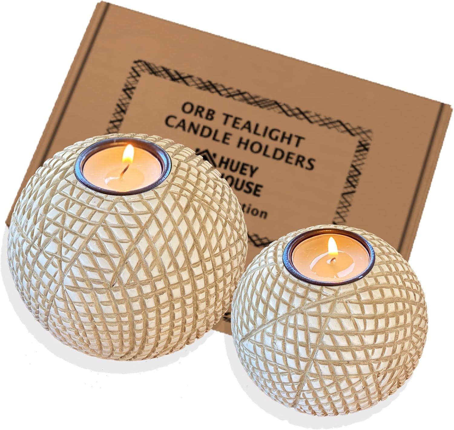 Luca Orb Tea Light Candle Holders (Gift Boxed Set of 2), Coffee Table, Console, Entryway or Fireplace Mantel Decor, Centerpiece for Dining or Living Room (Grid Pattern, Beige and White)
