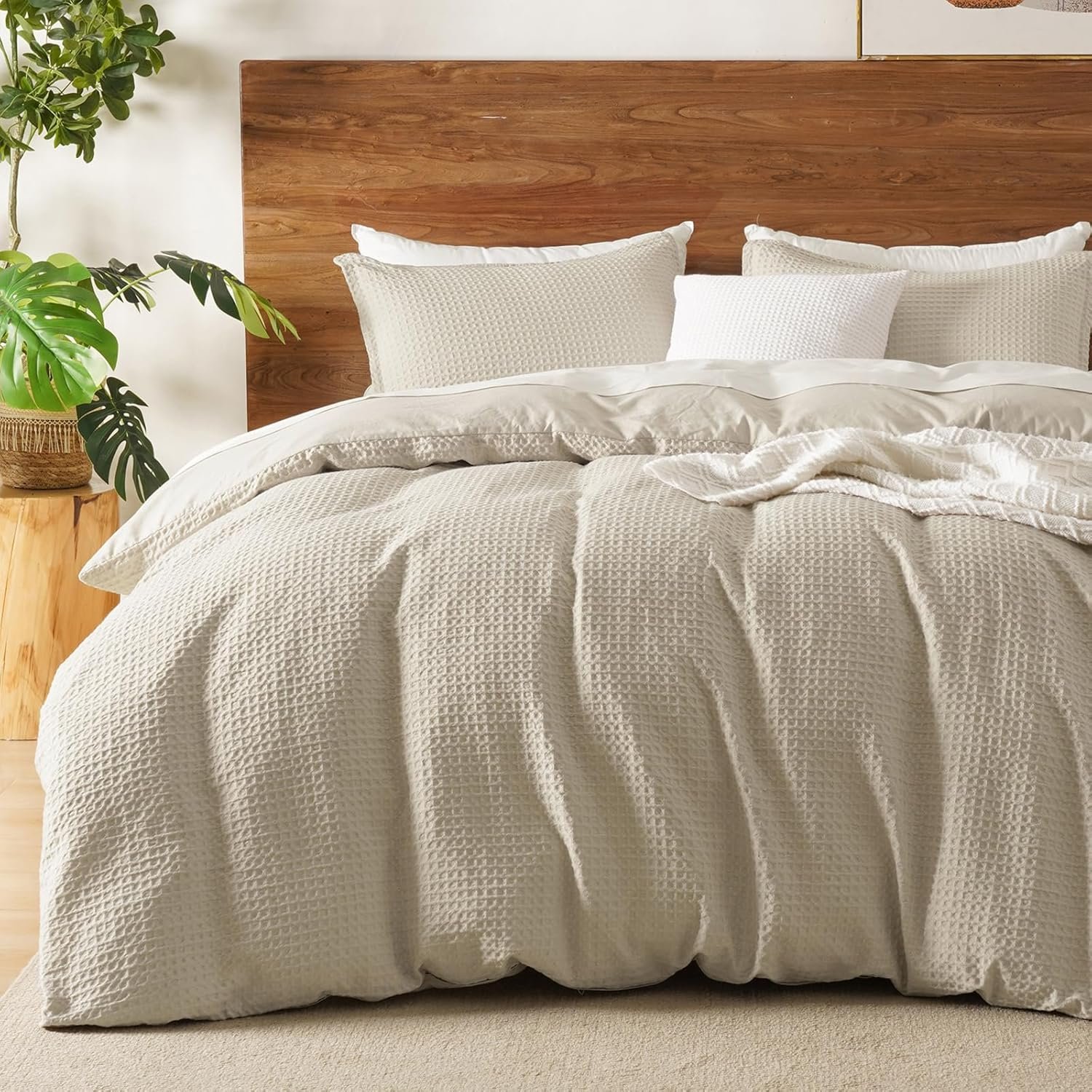 David’s Home Waffle Weave Duvet Cover Set King Size,Soft Breathable 3pcs Comforter Cover Set with 2 Pillowcases,Textured Home Decor Bedding Set Cozy for All Seasons, Nature 104″×90″,No Comforter