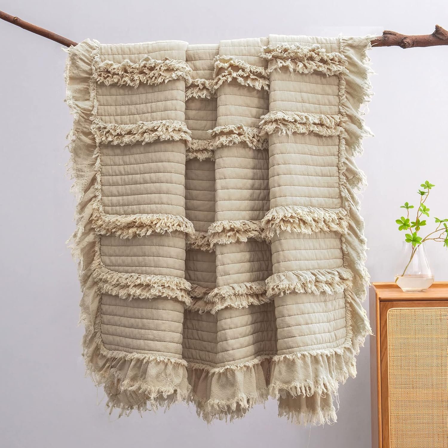 Ultra Soft Pre-Washed Quilted Boho Throw Blanket, Ruffle Fringed Beige Decorative Throw, Stone Washed Chic Rustic Blanket for Sofa Couch Bed Chair, 50″x 60″