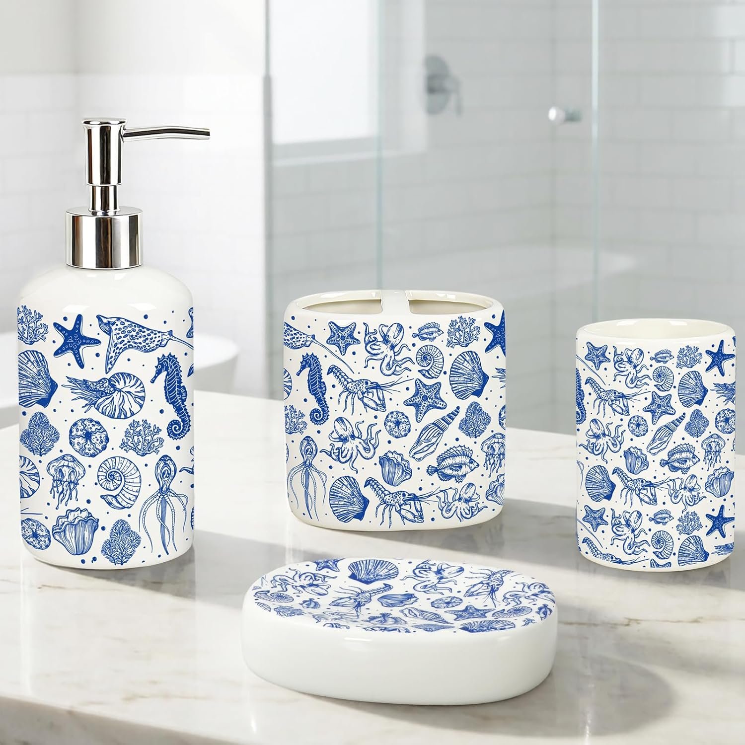 JarThenaAMCS 4Pcs Blue Beach Ceramic Bathroom Accessories Coastal Seashell Starfish Coral Liquid Dispenser Toothbrush Holder Tumbler Soap Dish for Summer Ocean Home Party Favors Supplies