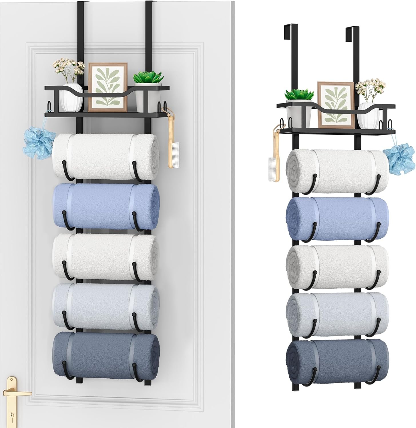 SWTYMIKI Over the Door Towel Rack – 6 Tier Towel Racks for Bathroom Wall Mounted, Towel Holder with Shelf, Hanging Rolled Towel Storage Organizer for Small Bathroom, Camper, RV, Black