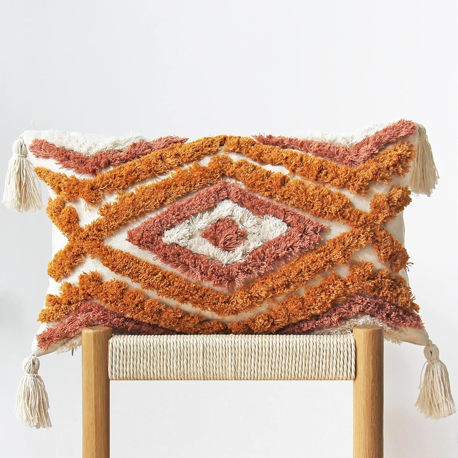 JOJUSIS Boho Lumbar Throw Pillow Covers with Handmade Tassels Decorative Woven Tufted Orange Lumbar Pillowcase for Couch Bedroom 12 x 20 Inch