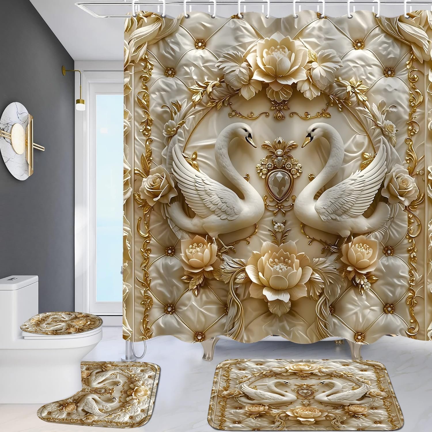 DDQQ 4Pcs 3D Swan Shower Curtain Sets with Rugs Swan Relief Pearl Bathroom Set with Non-Slip Rugs Toilet Lid Cover and Bath Mat Vintage Shower Curtain with 12 Hooks, Durable Bathroom Decor Set