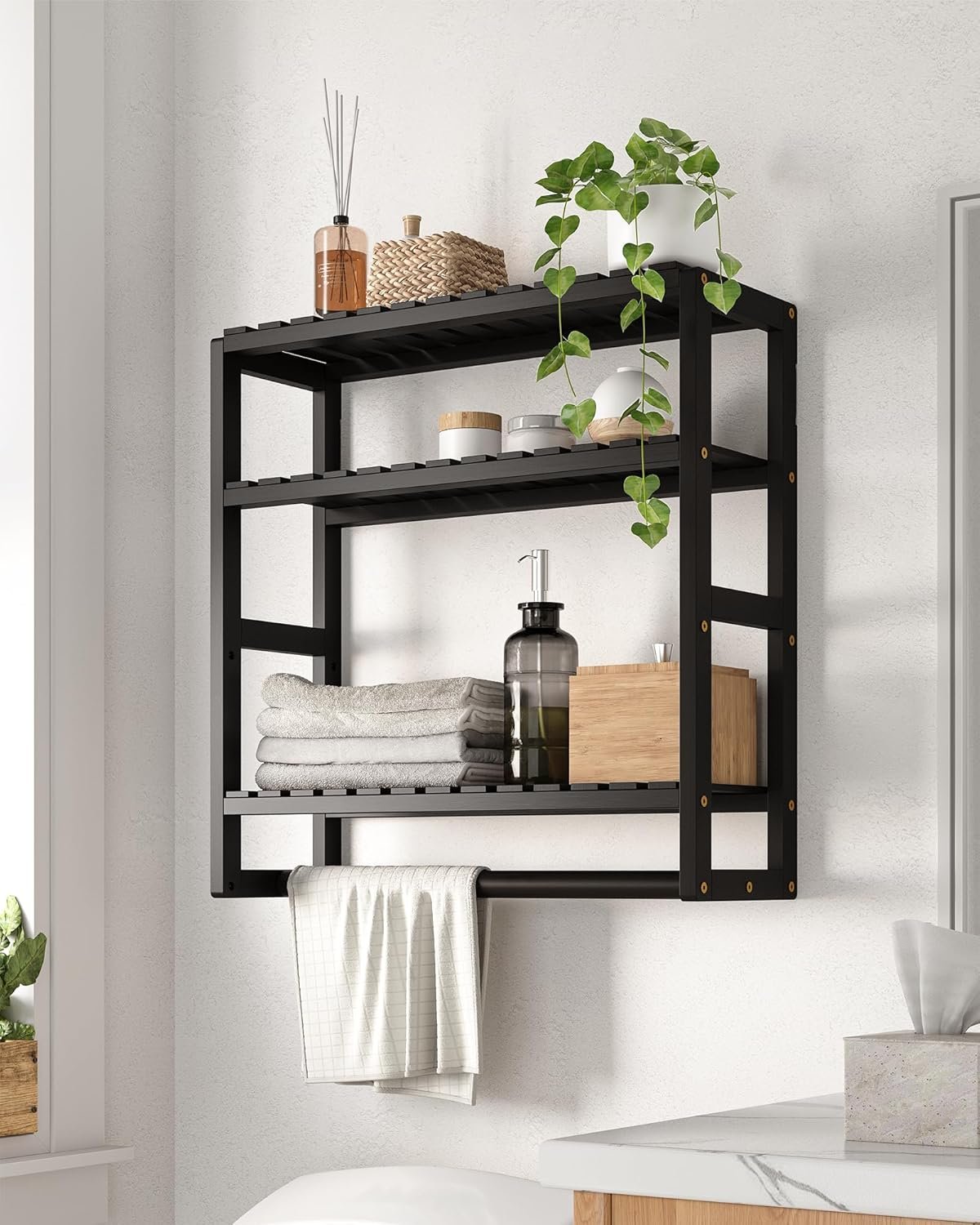 Galood Bathroom Shelves Towel Racks Over Toilet Storage with Towel Bar 3 Tier Floating Wall Mounted Space Saving Bamboo Paper Holder for Bathroom Laundry Room Kitchen Organizers (Black)