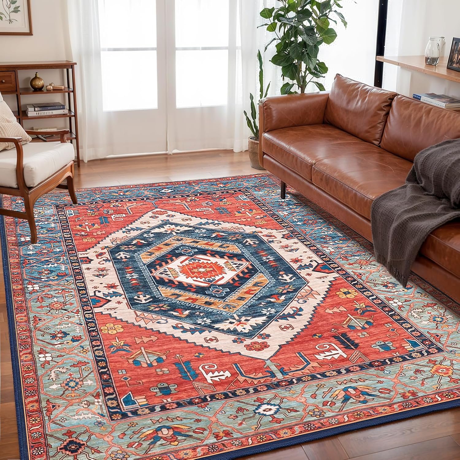 SERISSA Washable Rug 5×7 Boho Area Rugs, Washable Large Rugs for Living Room, Ultra Soft Non-Slip Rust Rug Print Distressed Vintage Farmhouse Carpet for Bedroom Dining Room Dorm Office Home Decor