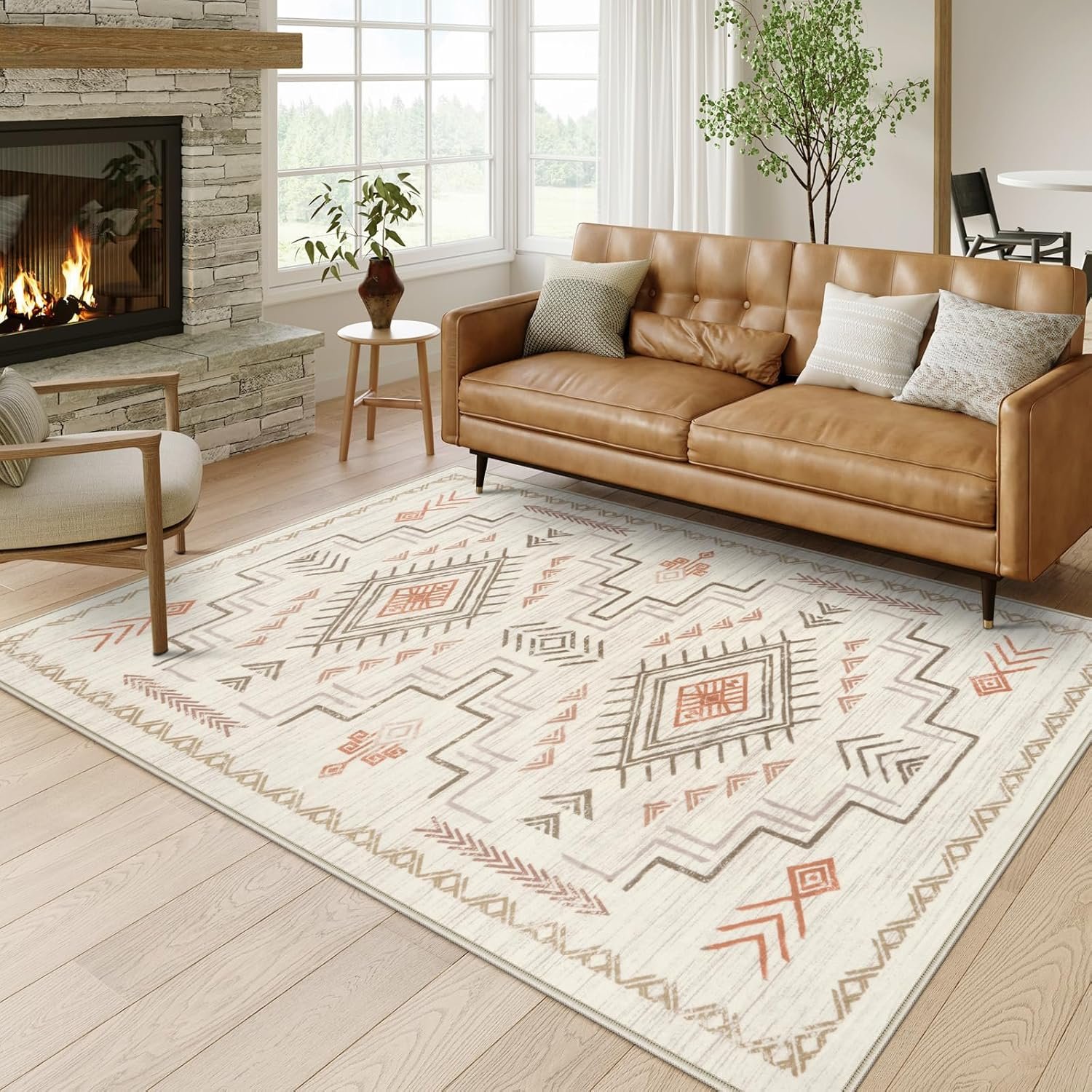 STARUIA Moroccan Washable Area Rug 5×7, Beige Western and Aztec Tribal Boys Neutral Rug for Living Room, Soft Non-Slip Stain Resistant Large Carpet for Bedroom Dining Room