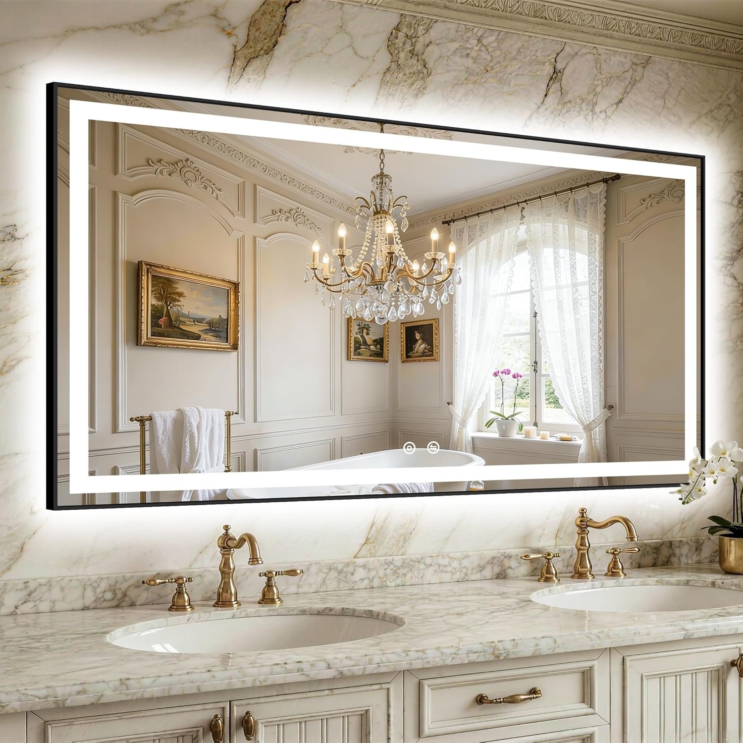 LED Bathroom Mirror with Lights, Black Framed Lighted Vanity Mirror, Front & Backlit, 55″x30″, Anti-Fog, Dimmable 3 Color Temperature, Memory, Shatterproof Tempered Glass