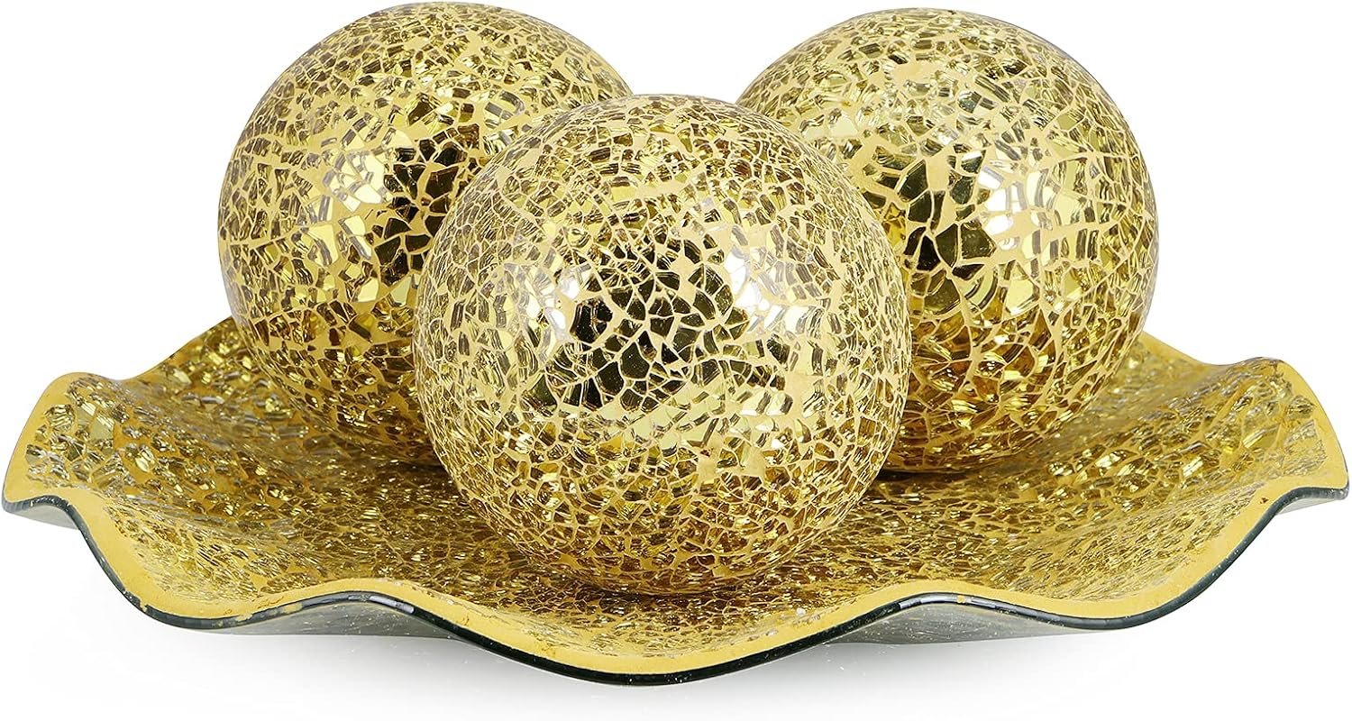 MDLUU Centerpiece Bowl and Balls Set, Mosaic Tray with 3 Pieces Spheres, 12″ Decorative Plate with 4″ Mosaic Orbs for Home Decor, Gift (Gold)