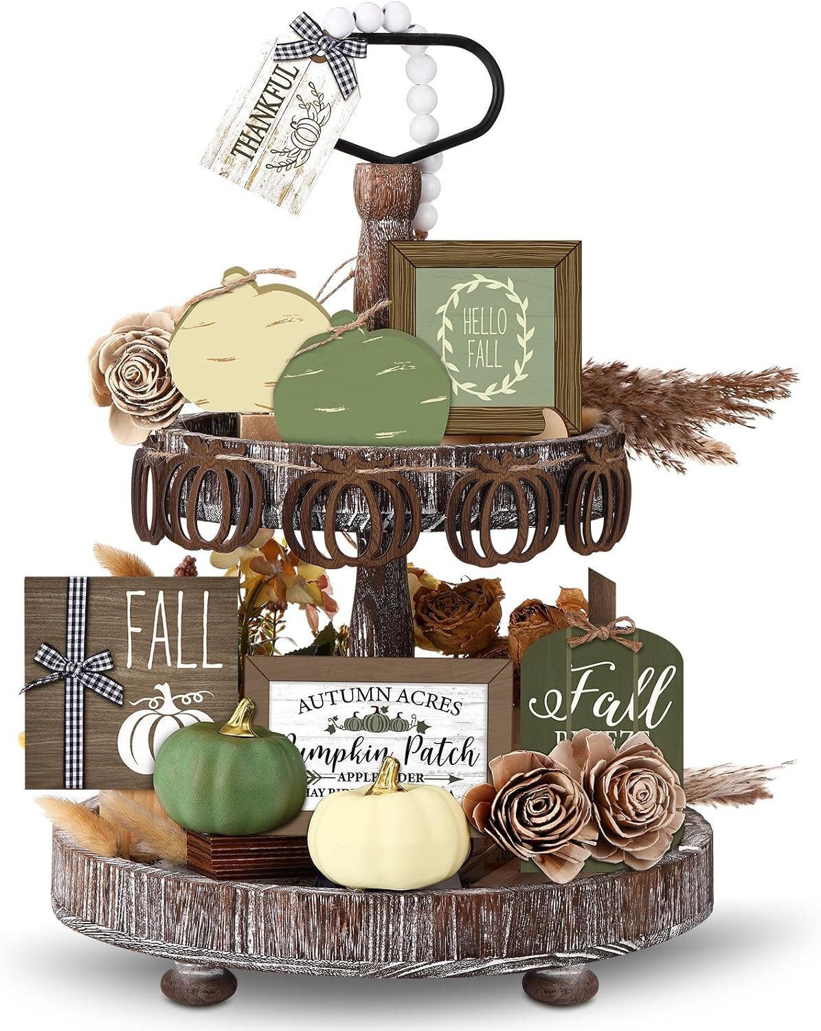 Reallnaive 18 Pcs Fall Thanksgiving Tiered Tray Decor Set Pumpkin Buffalo Plaid Wood Sign Hello Fall Rustic Farmhouse Neutral Tray Decoration Tabletop Sign for Autumn Home Kitchen Festival(Sage Green)
