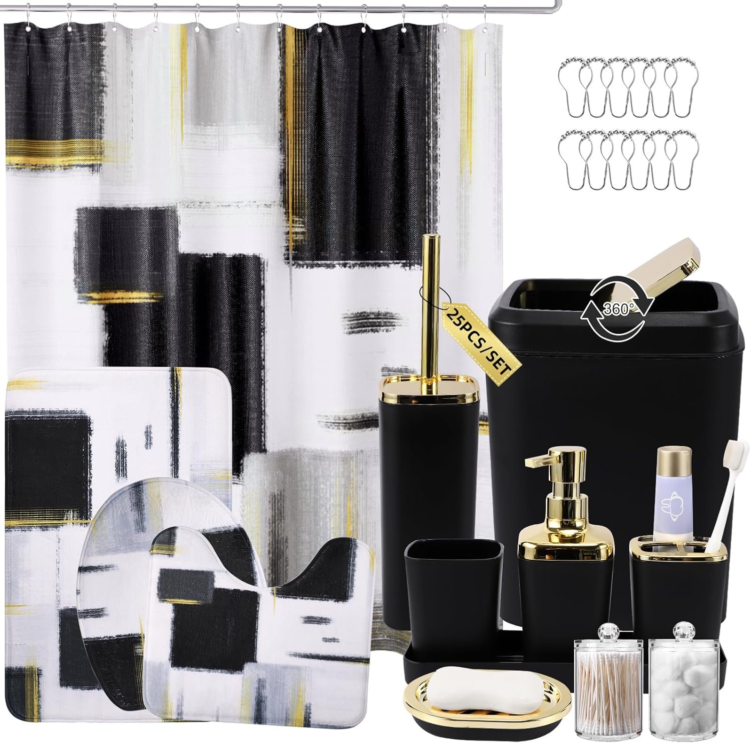 XLHOMO Bathroom Set – Black Bathroom Accessories Set, Bathroom Sets with Shower Curtain and Rugs, Black Shower Curtain Set with Bathroom Trash Can, Soap Dispenser, Soap Dish for Home Decor