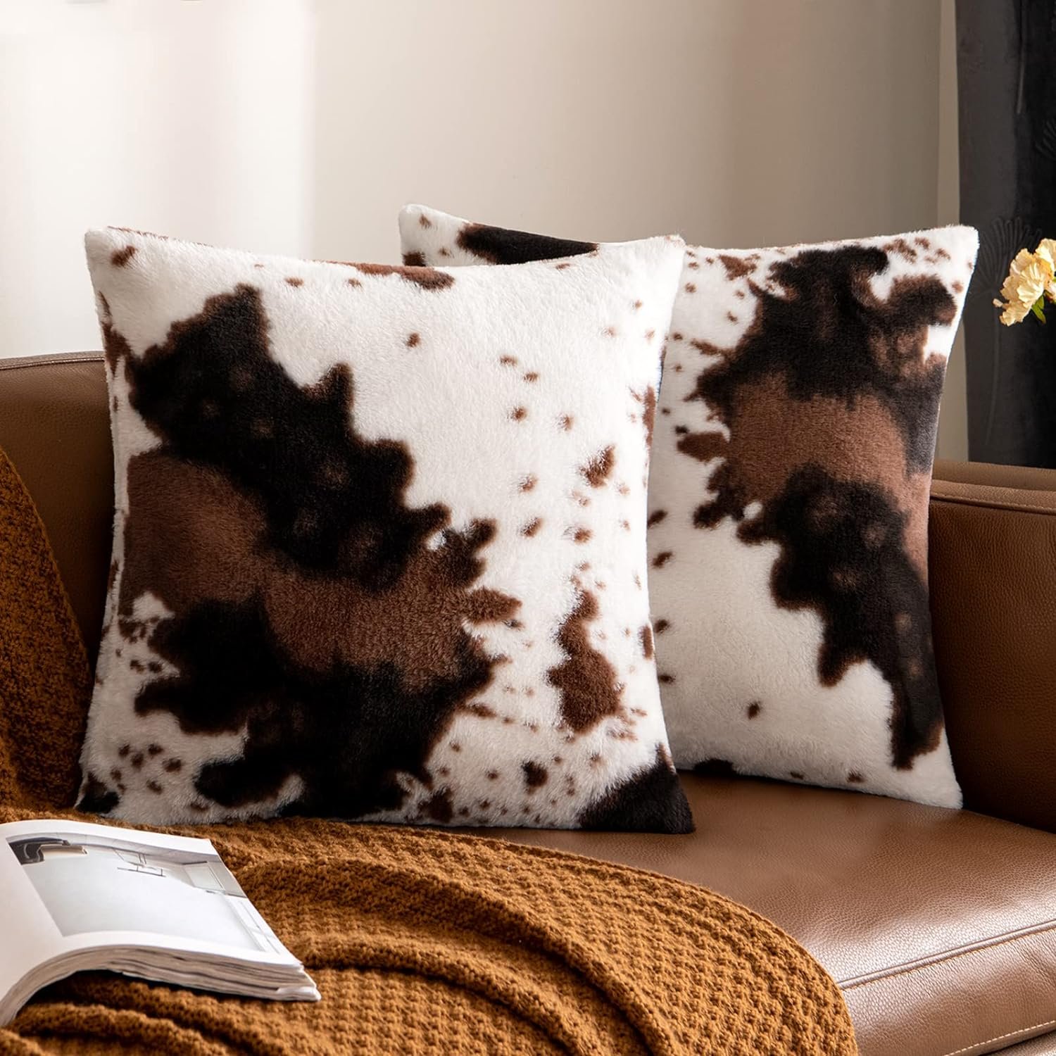 Pack of 2 Luxury Faux Fur Throw Pillow Covers Cowhide Decorative Soft Fluffy Plush Couch Throws Brindle Cushion Covers for Couch Living Room Sofa Bedroom 18×18 Inch