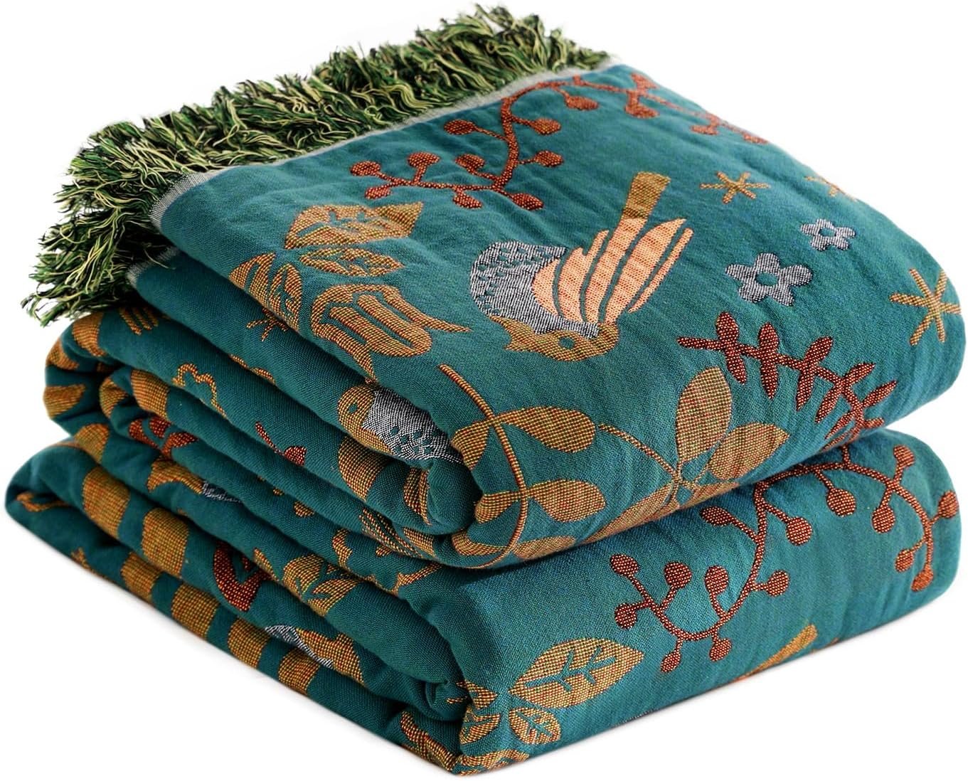 LUTBM Boho Throw Blanket for Bed 100% Cotton Soft Quilt Summer Lightweight Blanket Bird Floral Embroidery Room Decor Twin Bed Blankets,60″x80″ All Season Breathable Throw for Sofa&Couch Chair