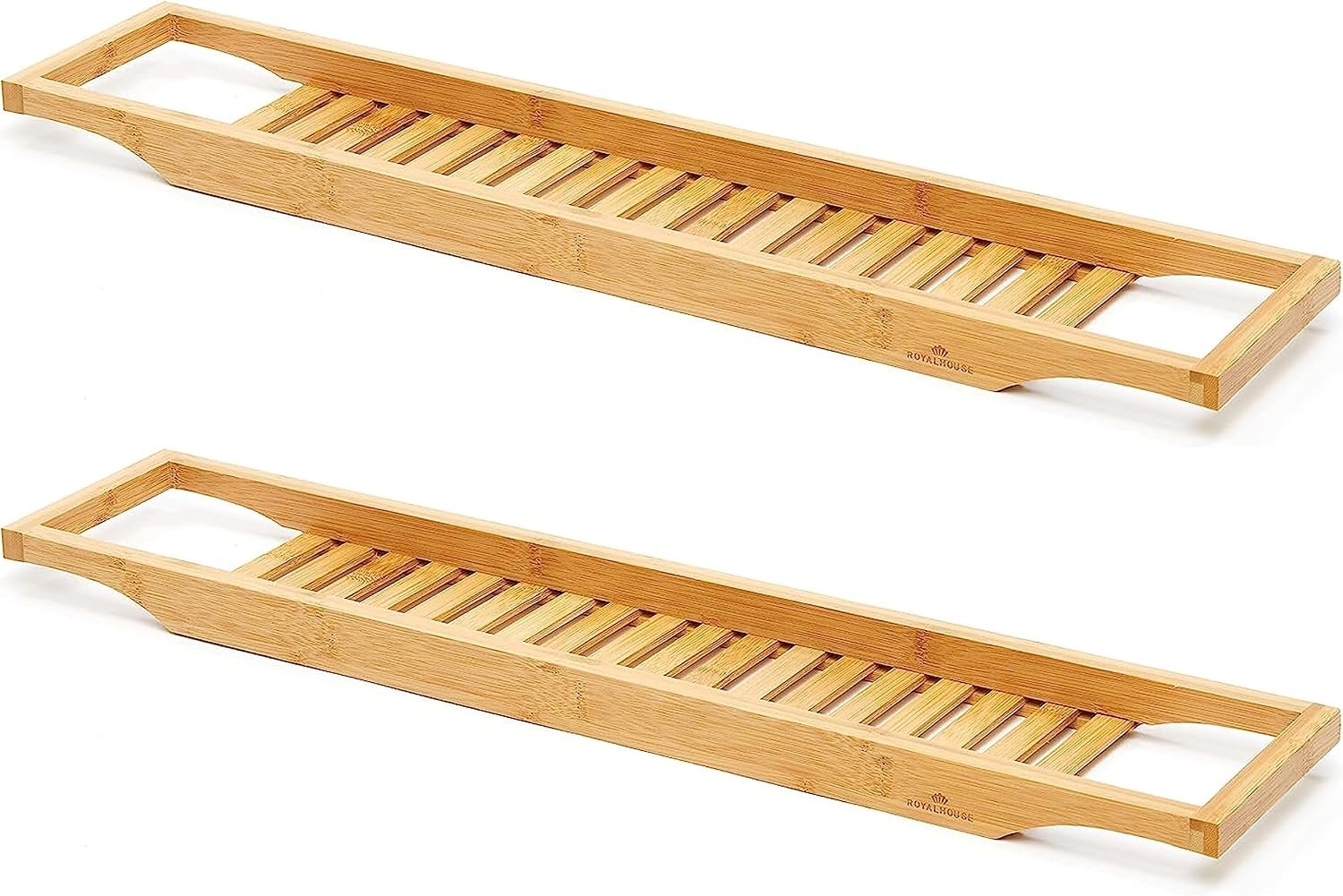 RoyalHouse Bamboo Bath Caddy Tray for Bathtub, with Book and Wine Glass Holder, Attractive Design, Suitable for Luxury Spa or Reading, Ideal Gift for Family & Friends (Pack of 2)