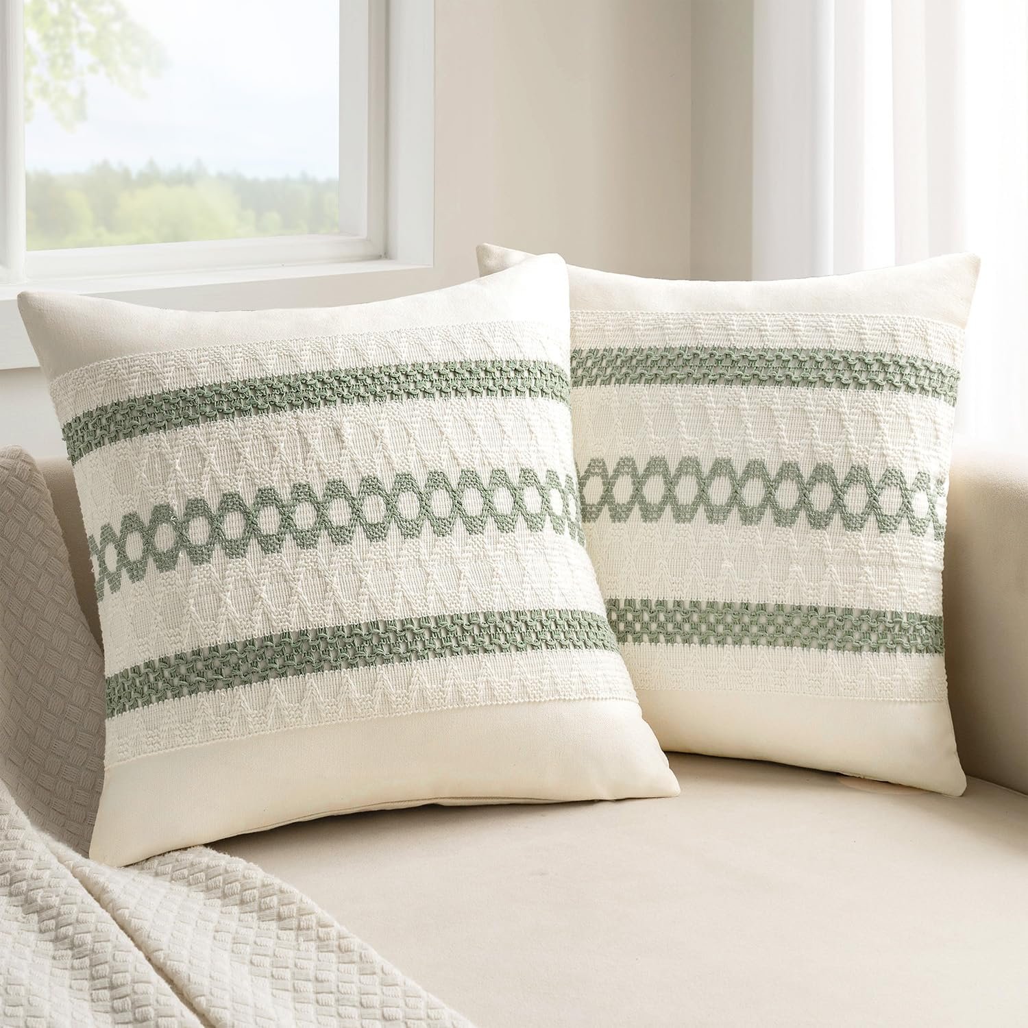 MIULEE Set of 2 Sage Green Boho Decorative Pillow Covers 18×18 Inch Farmhouse Rustic Couch Throw Pillows Modern Summer Cotton Cushion Covers Retro Cute Macrame Woven Spring Decor for Bed Sofa Chair